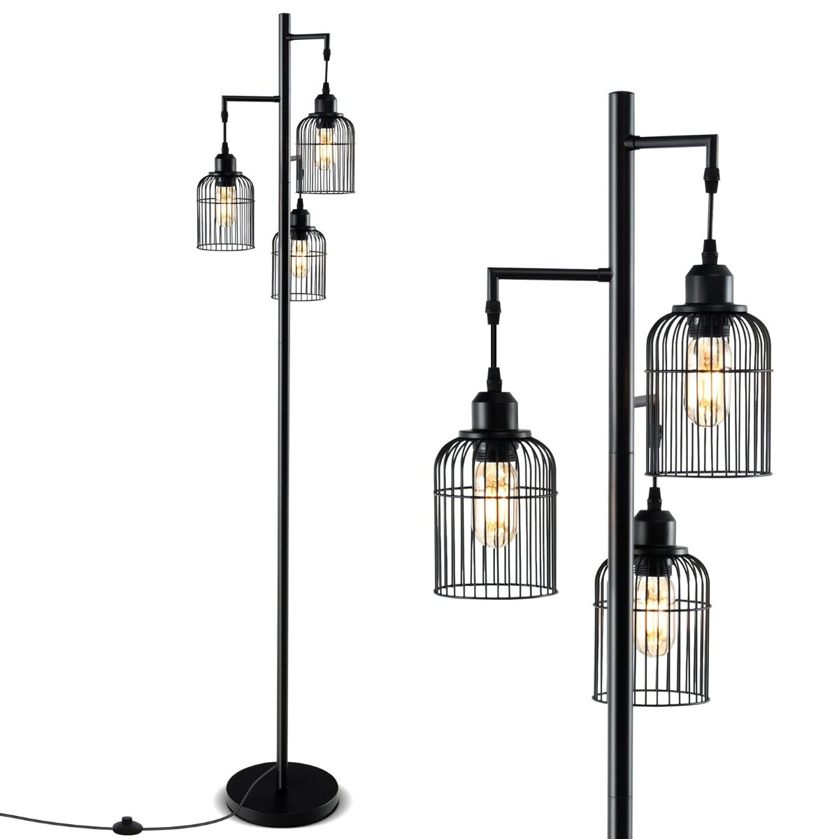 Moodne põrandalamp 169 cm tööstuslik põrandalamp 3 lambivarjuga jalalülitiga 25 x 169 cm must