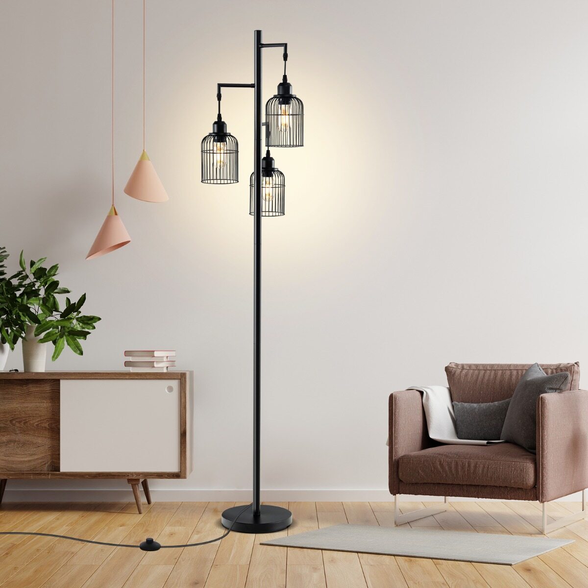 Moodne põrandalamp 169 cm tööstuslik põrandalamp 3 lambivarjuga jalalülitiga 25 x 169 cm must