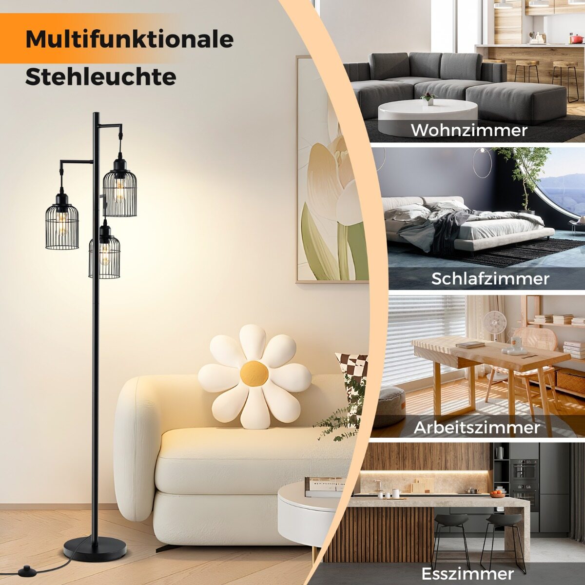Moodne põrandalamp 169 cm tööstuslik põrandalamp 3 lambivarjuga jalalülitiga 25 x 169 cm must