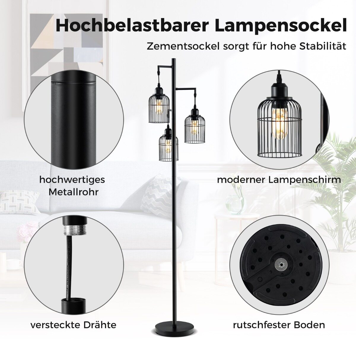 Moodne põrandalamp 169 cm tööstuslik põrandalamp 3 lambivarjuga jalalülitiga 25 x 169 cm must