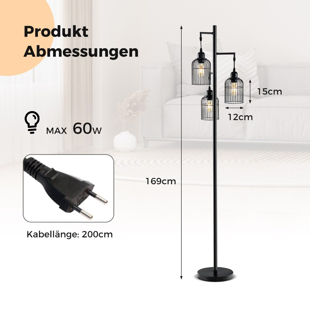 Moodne põrandalamp 169 cm tööstuslik põrandalamp 3 lambivarjuga jalalülitiga 25 x 169 cm must