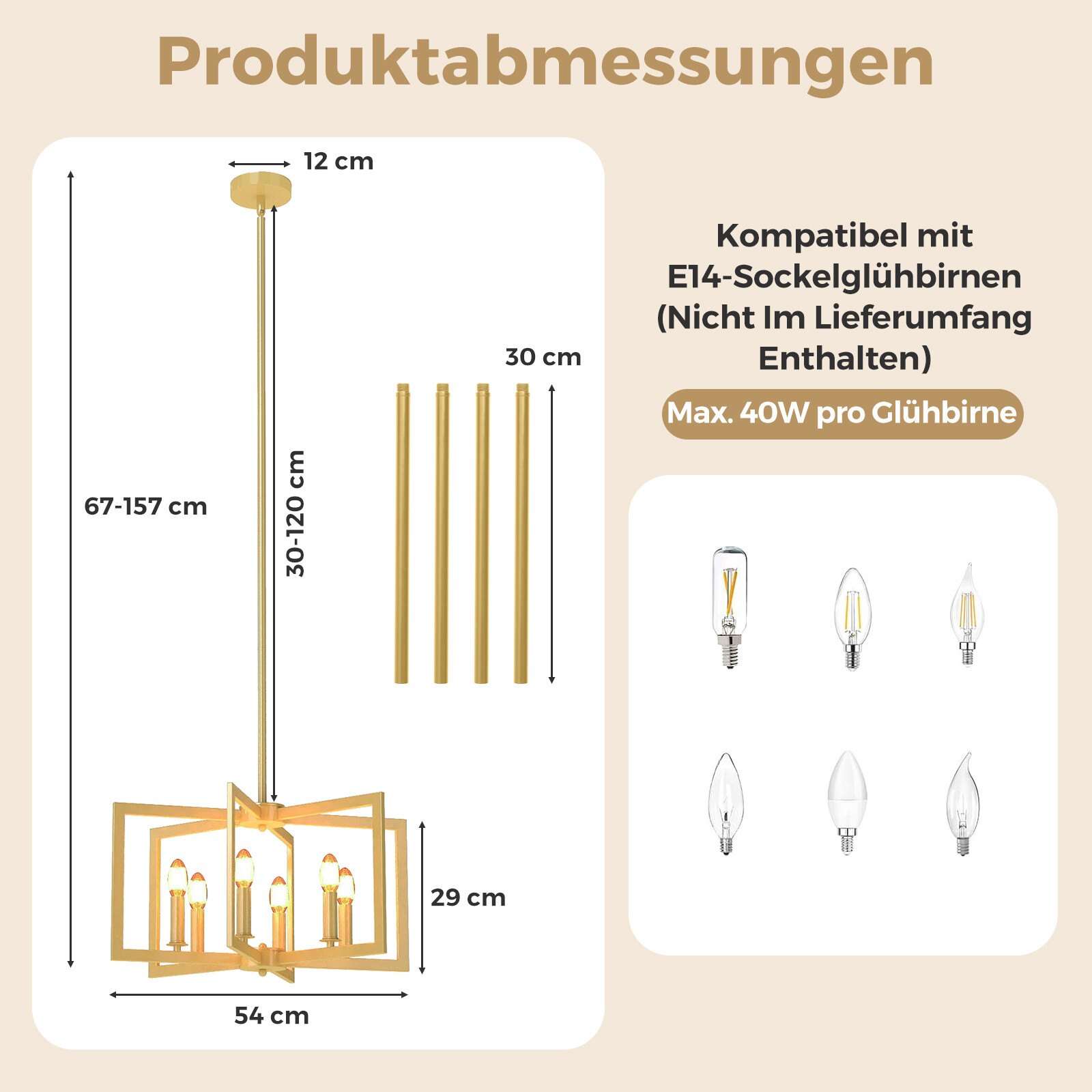 6-osaline lühter, industriaalses stiilis laevalgusti, rippvalgusti kõrgusega reguleeritav 67–157 cm, kuldne