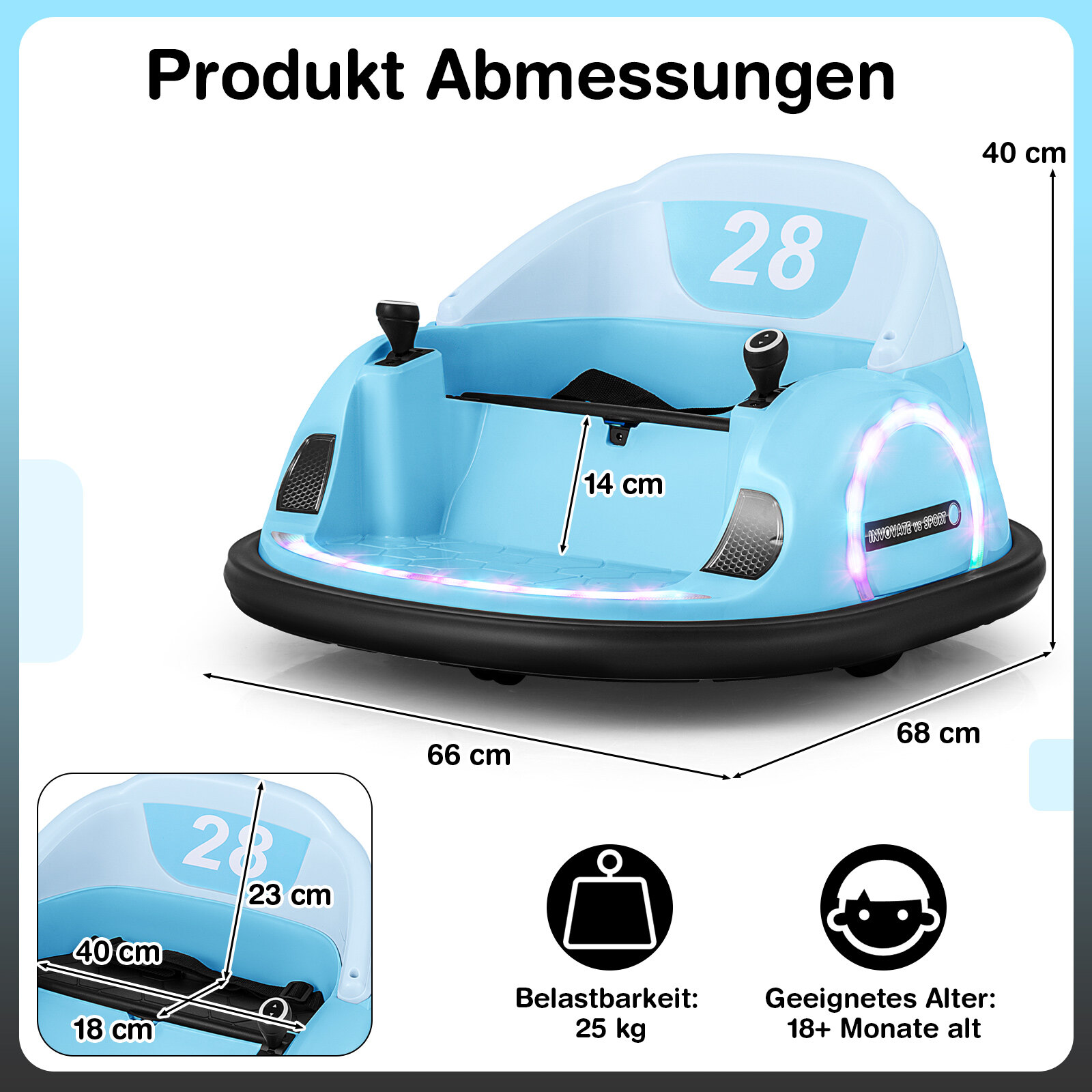Pealeistutav põrkeauto väikelastele, 12 V elektriline 360° pöörlev mänguauto puldiga, sinine
