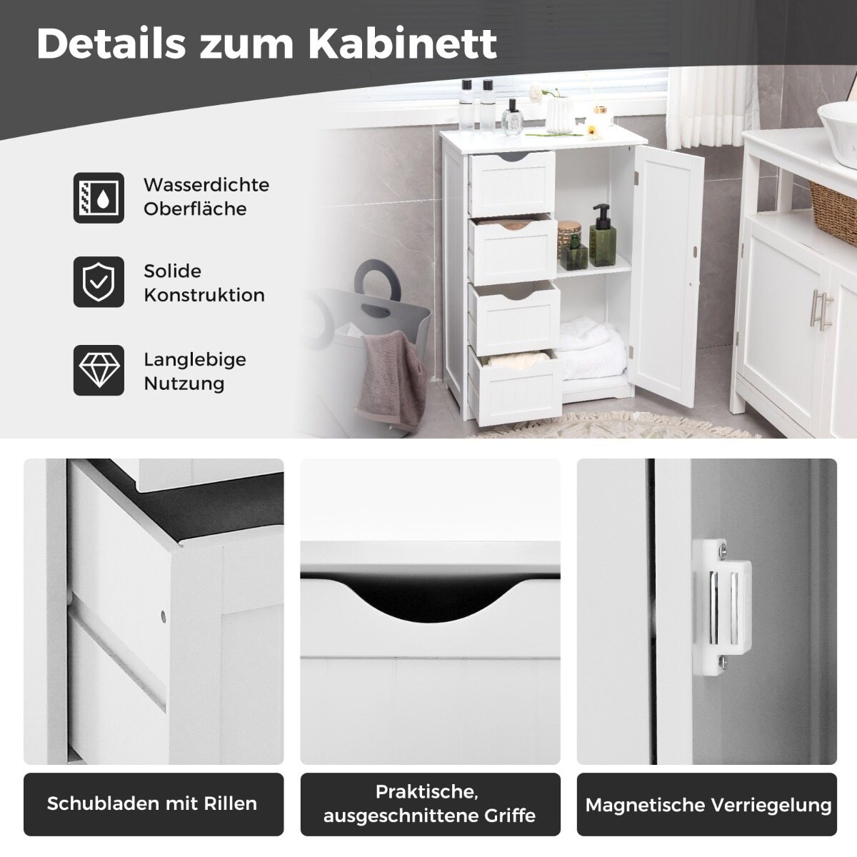 Costway Bathroom cabinet with 4 drawers & 1 magnetic door lock bathroom cabinet white