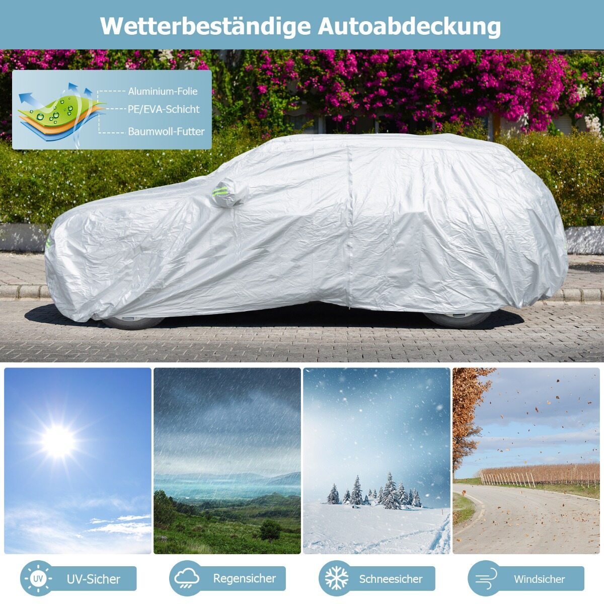 Ilmastikukindel presenning sõidukitele, autokate lukuga uksega, 492 x 191 x 154 cm, hõbedane