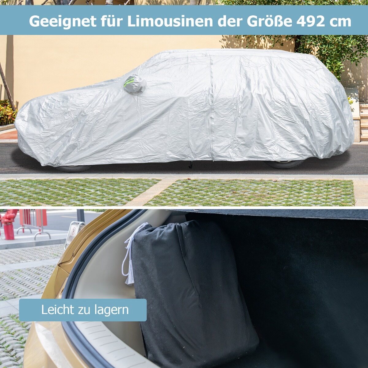 Ilmastikukindel presenning sõidukitele, autokate lukuga uksega, 492 x 191 x 154 cm, hõbedane