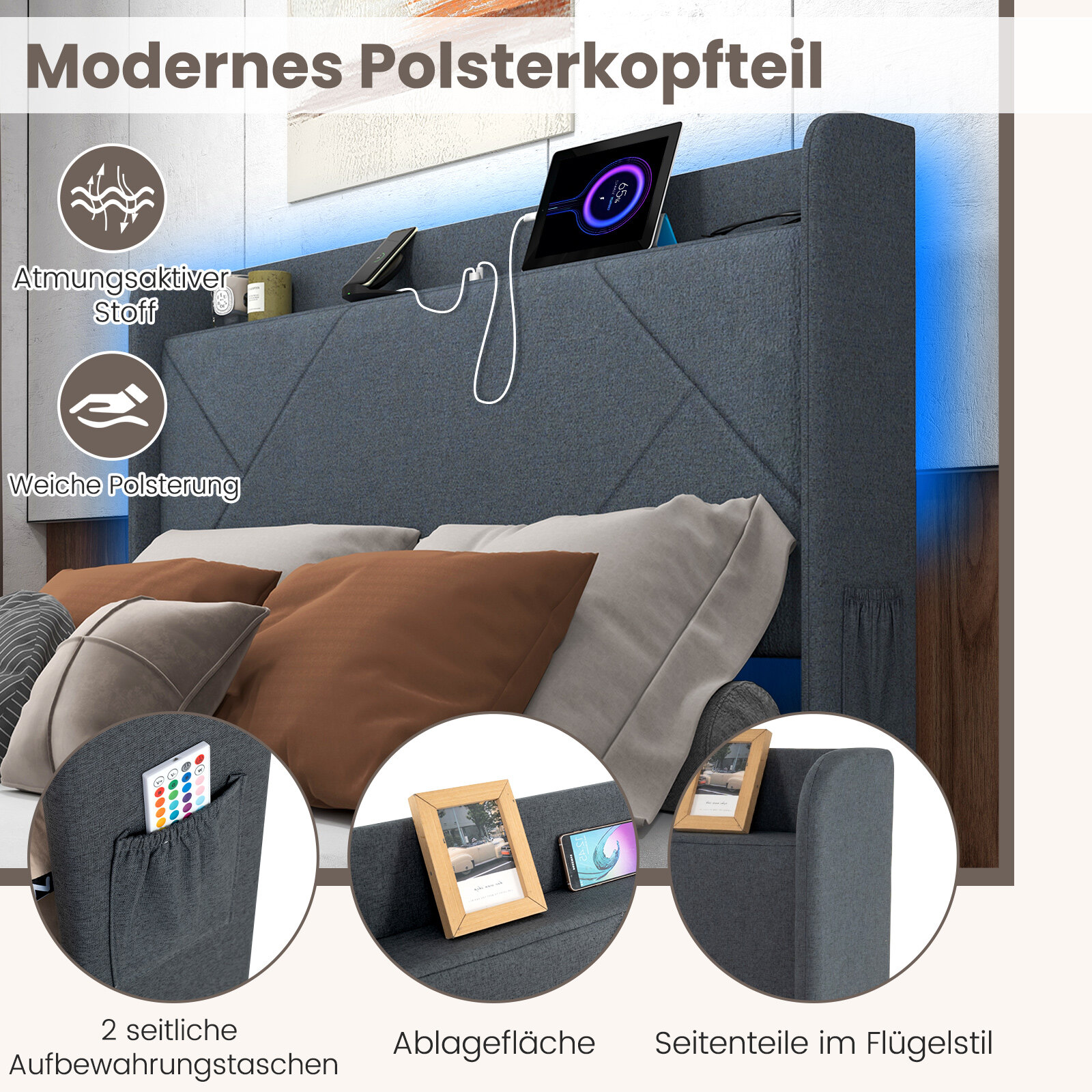 Kaheinimesevoodi raam LED-tuledega, polsterdatud platvormvoodi laadimisjaamaga, 2 hoiutaskuga ja 4 sahtliga, hall