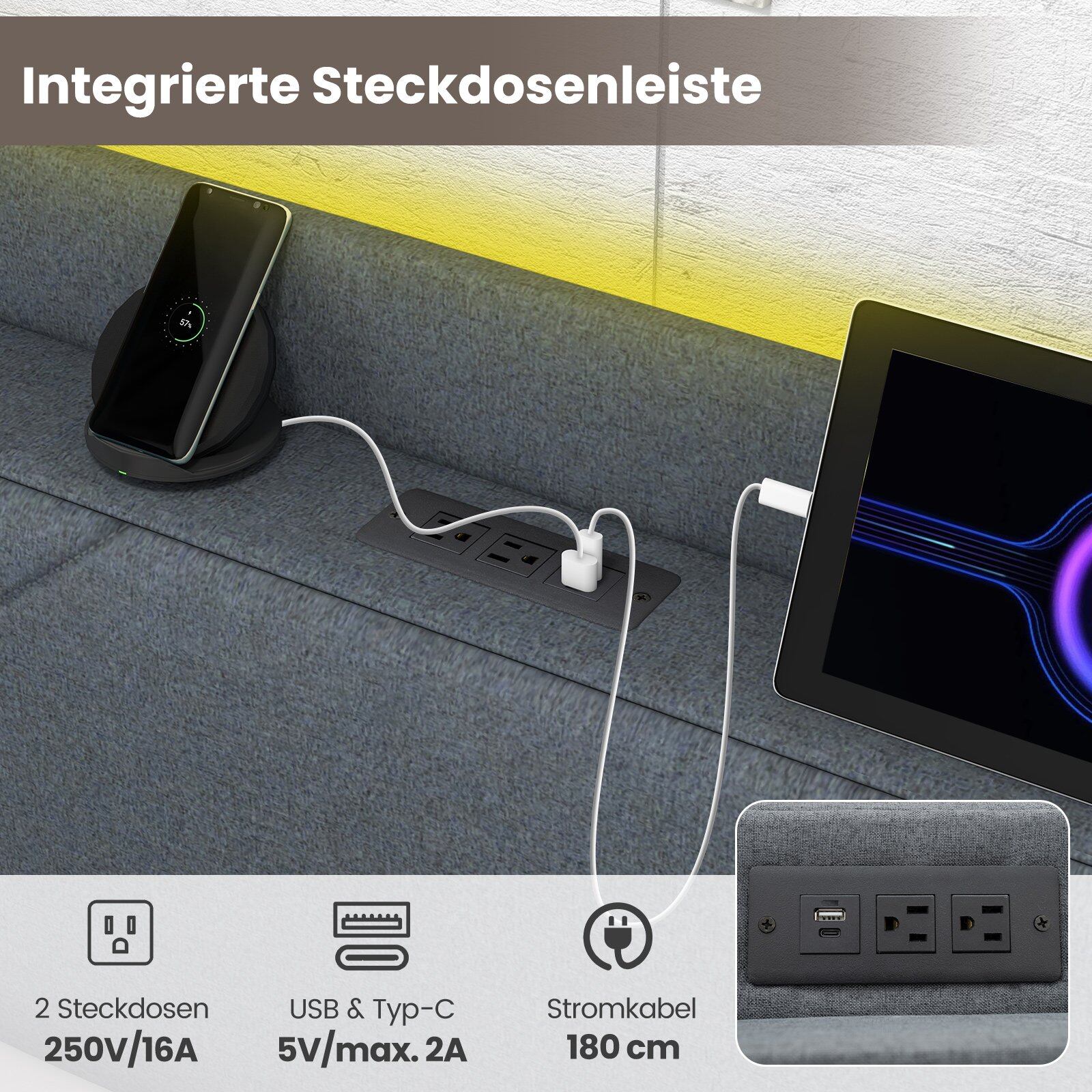 Kaheinimesevoodi raam LED-tuledega, polsterdatud platvormvoodi laadimisjaamaga, 2 hoiutaskuga ja 4 sahtliga, hall
