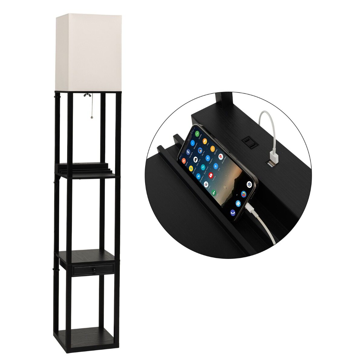 Moodne riiulil põhinev põrandalamp Hämardatav põrandalamp sahtliga 26 x 26 x 159,5 cm