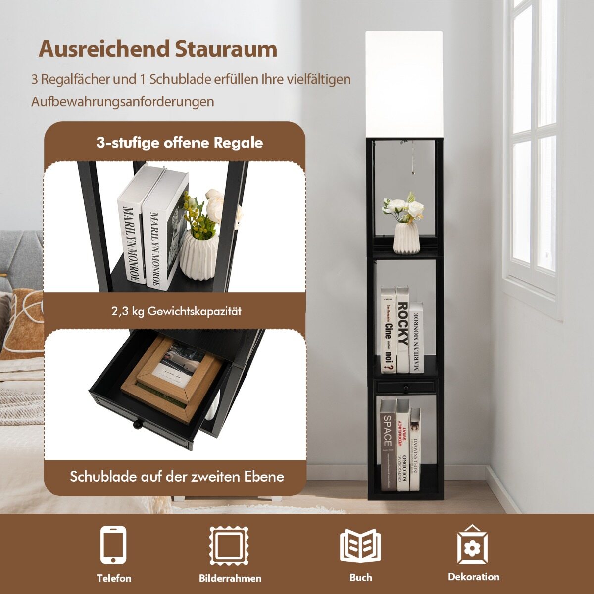 Moodne riiulil põhinev põrandalamp Hämardatav põrandalamp sahtliga 26 x 26 x 159,5 cm