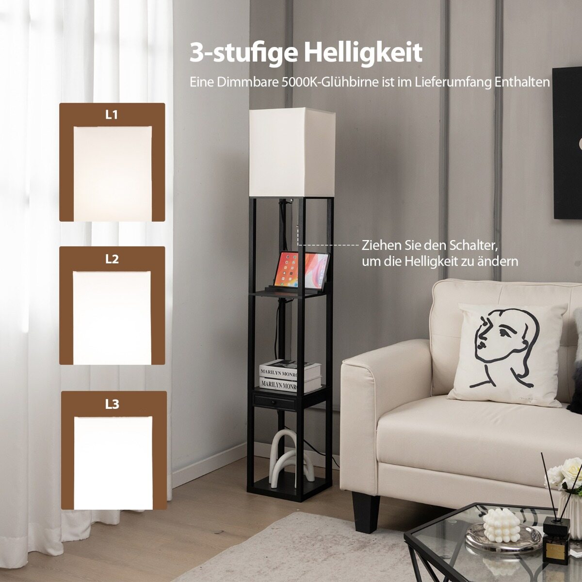 Moodne riiulil põhinev põrandalamp Hämardatav põrandalamp sahtliga 26 x 26 x 159,5 cm