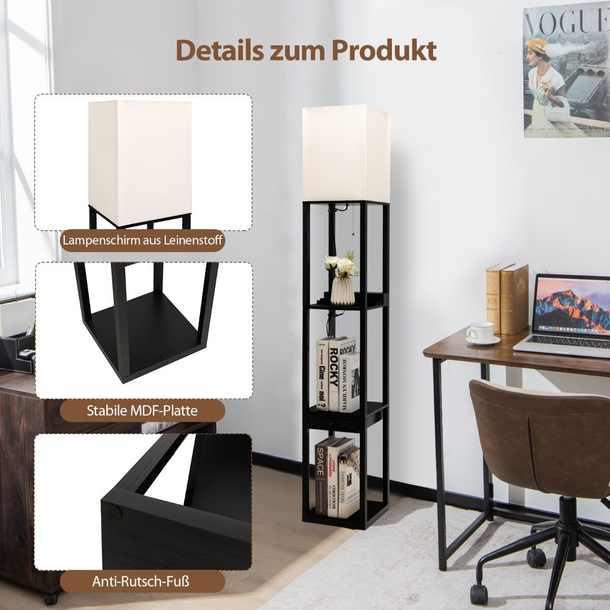 Moodne riiulil põhinev põrandalamp Hämardatav põrandalamp sahtliga 26 x 26 x 159,5 cm
