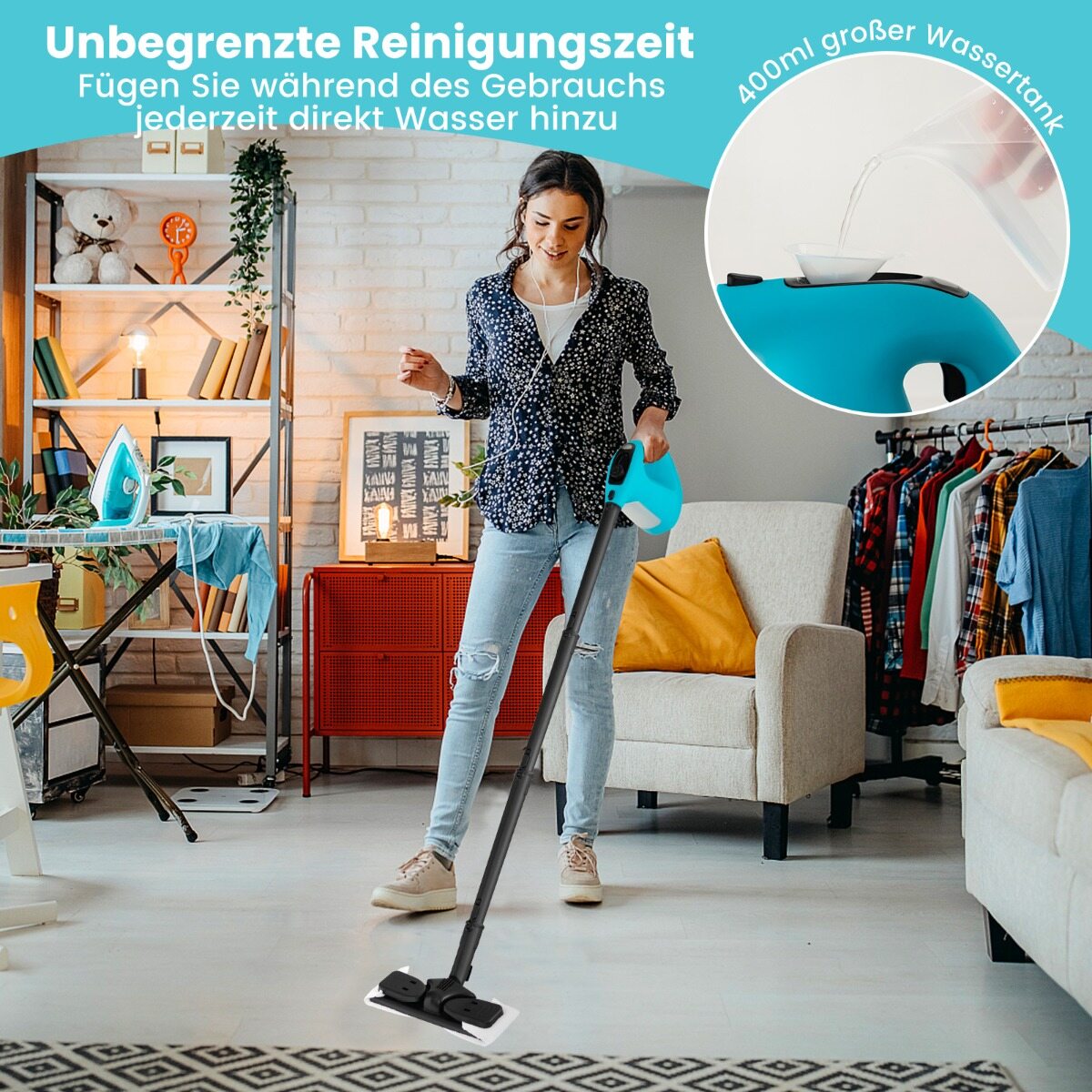 Kaasaskantav aurupuhasti, survestatud aurupuhasti, 1400 W piiramatu pidev aur, 400 ml veepaak, sinine