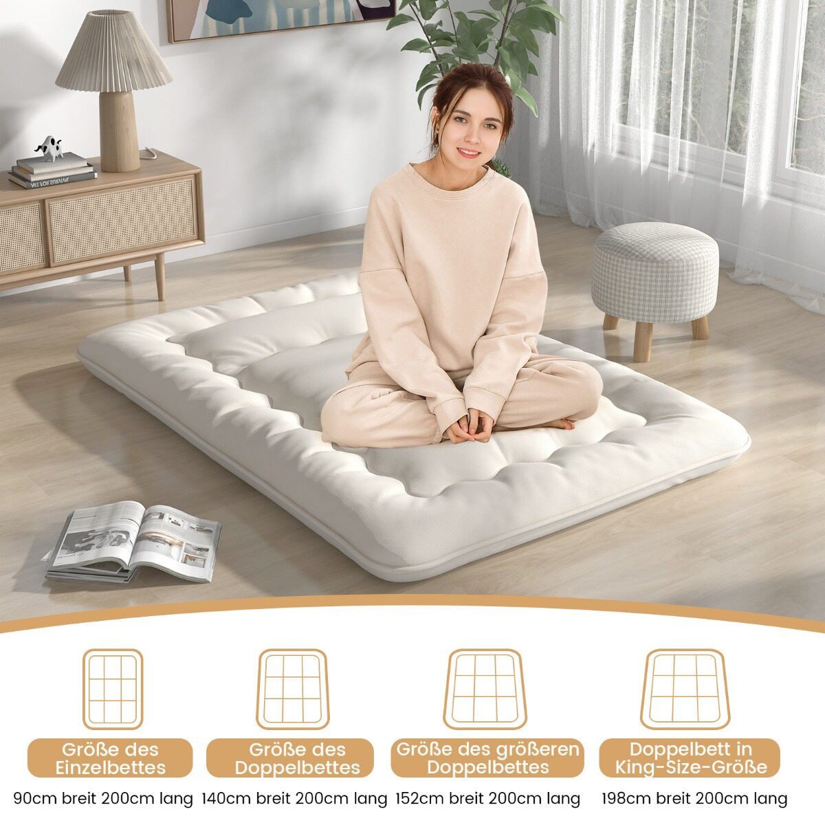 Jaapani futon madrats, tatami matt, põrandamadrats, kokkupandav madrats, beež, 140 x 200 cm
