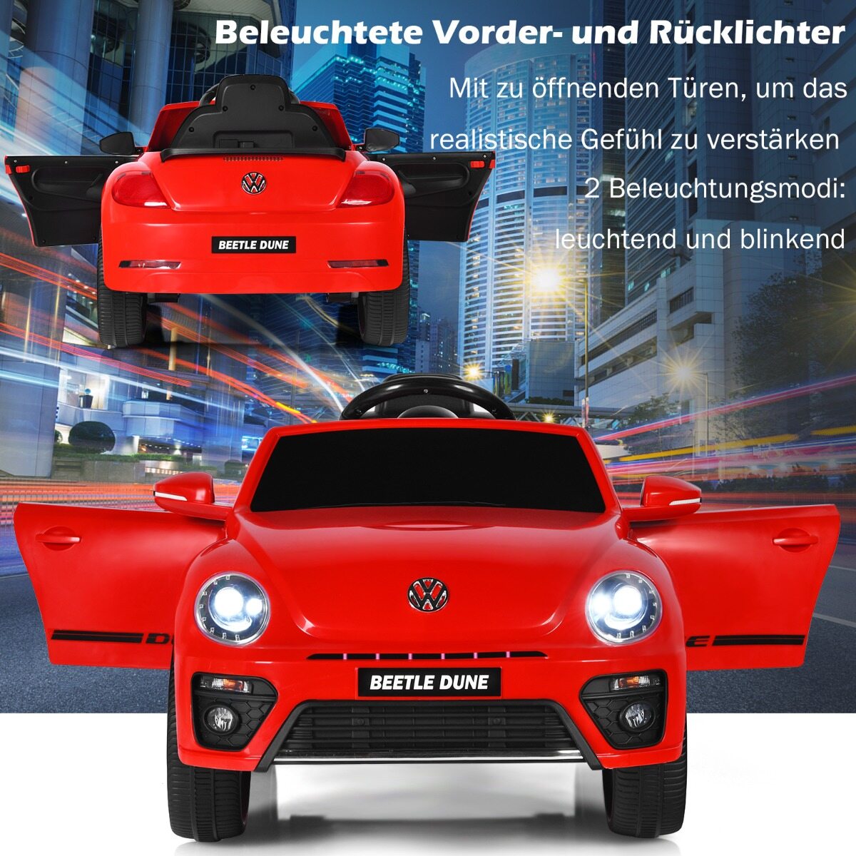 VW Beetle lasteauto muusika ja 2 valgustusrežiimiga, sh 2,4 G kaugjuhtimispult, punane