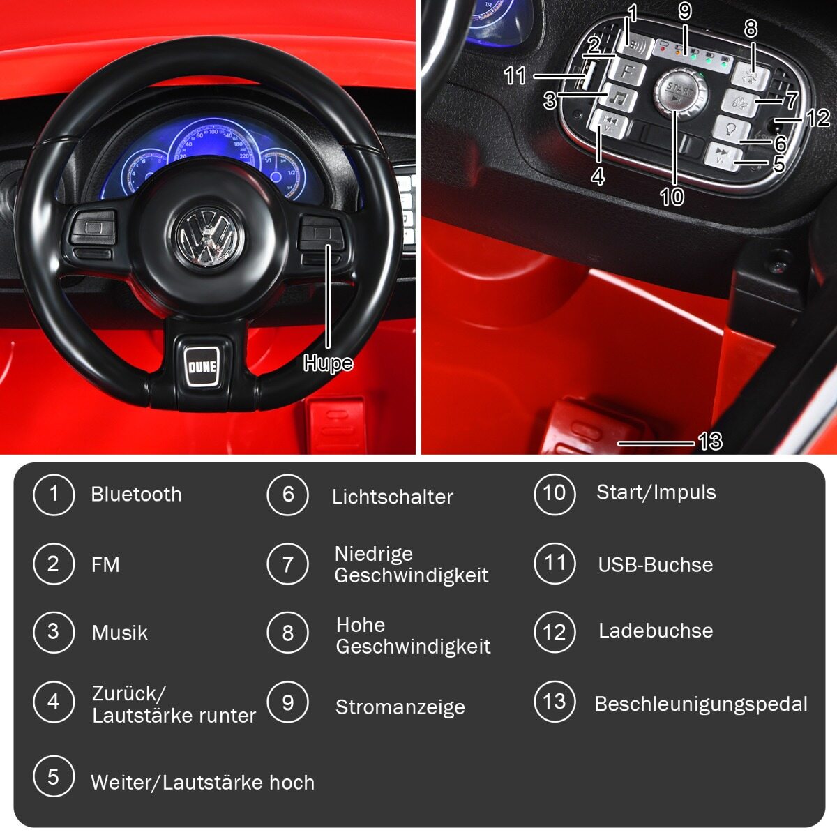 VW Beetle lasteauto muusika ja 2 valgustusrežiimiga, sh 2,4 G kaugjuhtimispult, punane