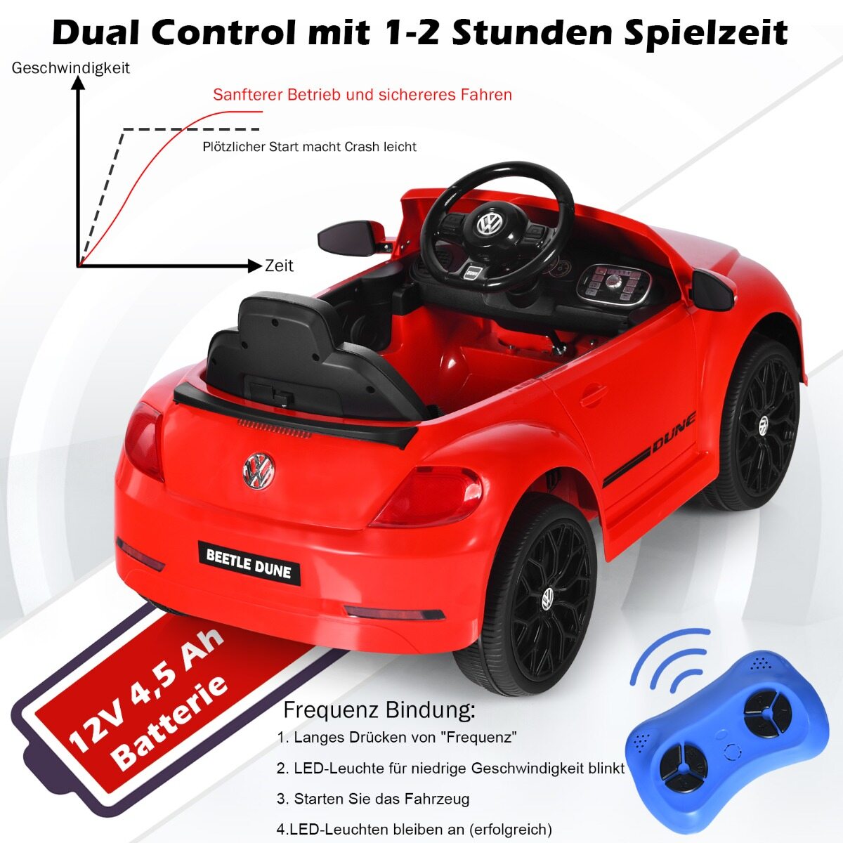 VW Beetle lasteauto muusika ja 2 valgustusrežiimiga, sh 2,4 G kaugjuhtimispult, punane
