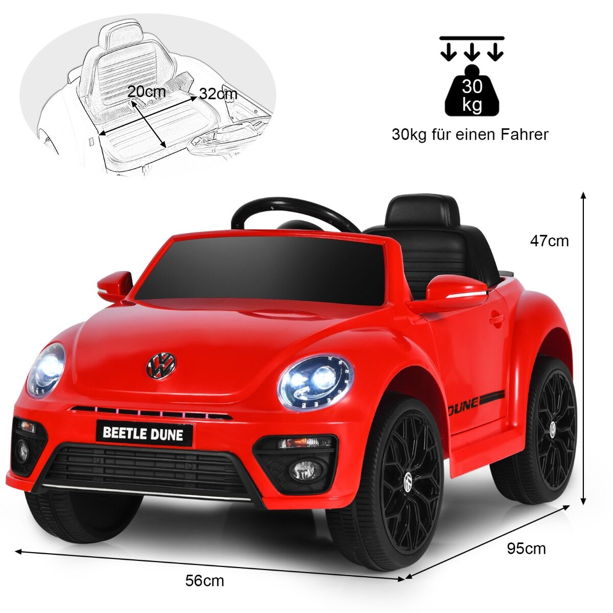 VW Beetle lasteauto muusika ja 2 valgustusrežiimiga, sh 2,4 G kaugjuhtimispult, punane