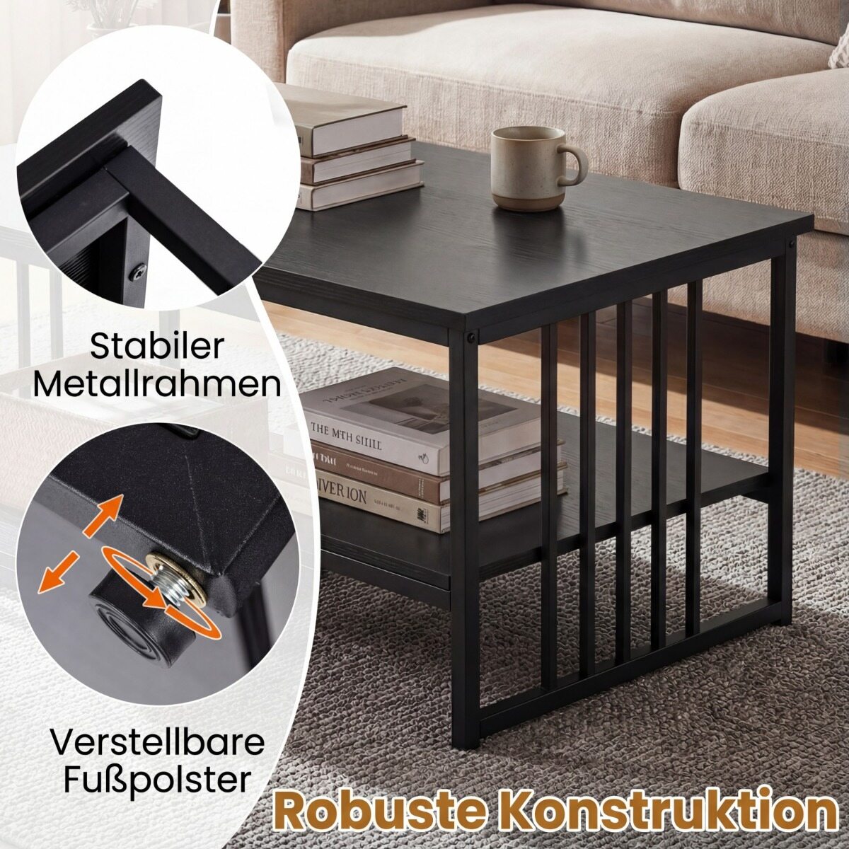 Ristkülikukujuline kohvilaud kahe riiuli ja tugeva metallraamiga. Moodne aktsentlaud, must.