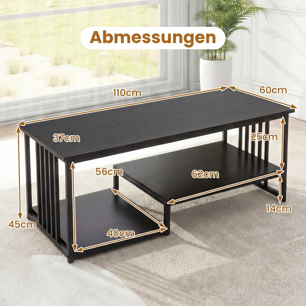 Ristkülikukujuline kohvilaud kahe riiuli ja tugeva metallraamiga. Moodne aktsentlaud, must.