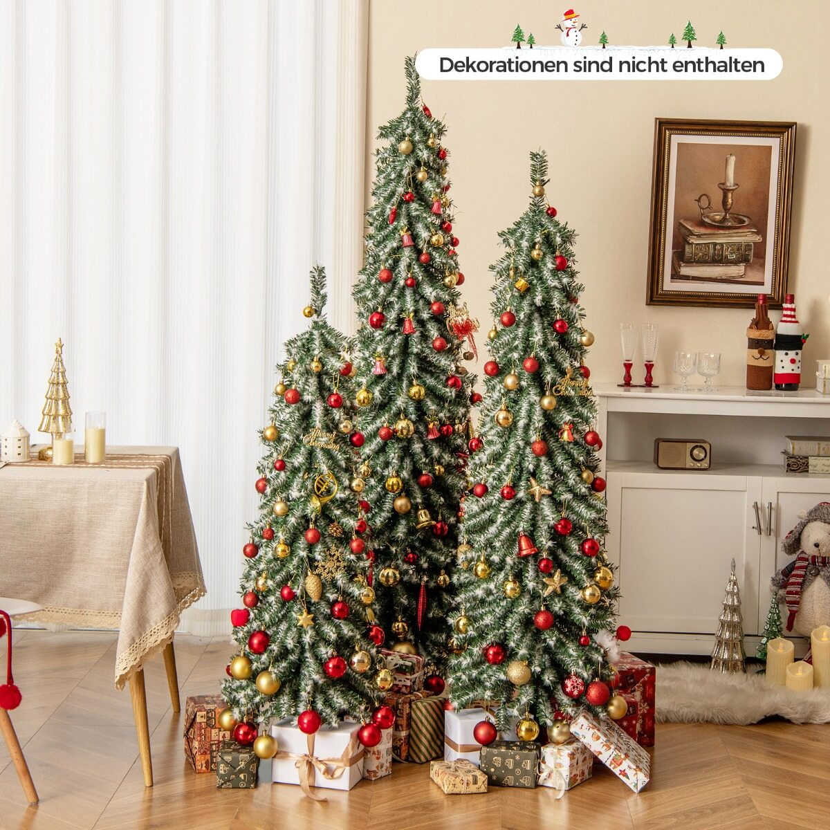 3 kunstkuuse komplekt 120 + 150 + 180 cm pliiatsikujulised jõulupuud 216 + 302 + 505 oksa 100 + 120 + 180 LED-tuld