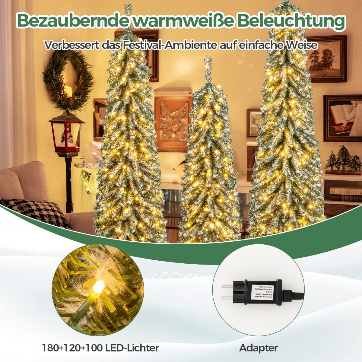 3 kunstkuuse komplekt 120 + 150 + 180 cm pliiatsikujulised jõulupuud 216 + 302 + 505 oksa 100 + 120 + 180 LED-tuld