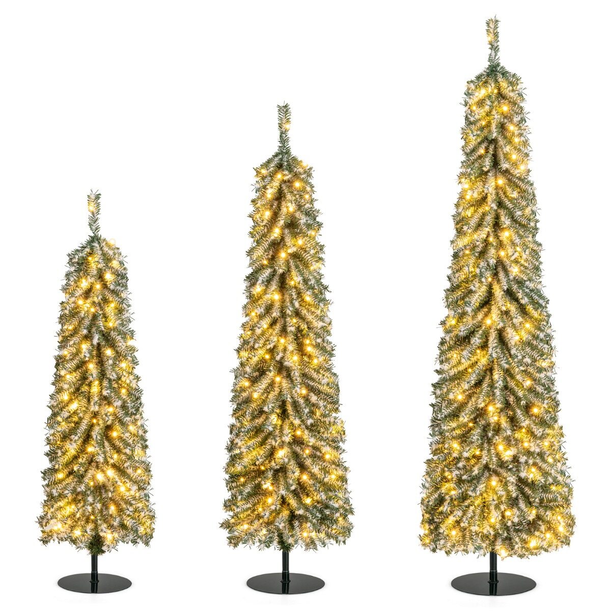 3 kunstkuuse komplekt 120 + 150 + 180 cm pliiatsikujulised jõulupuud 216 + 302 + 505 oksa 100 + 120 + 180 LED-tuld