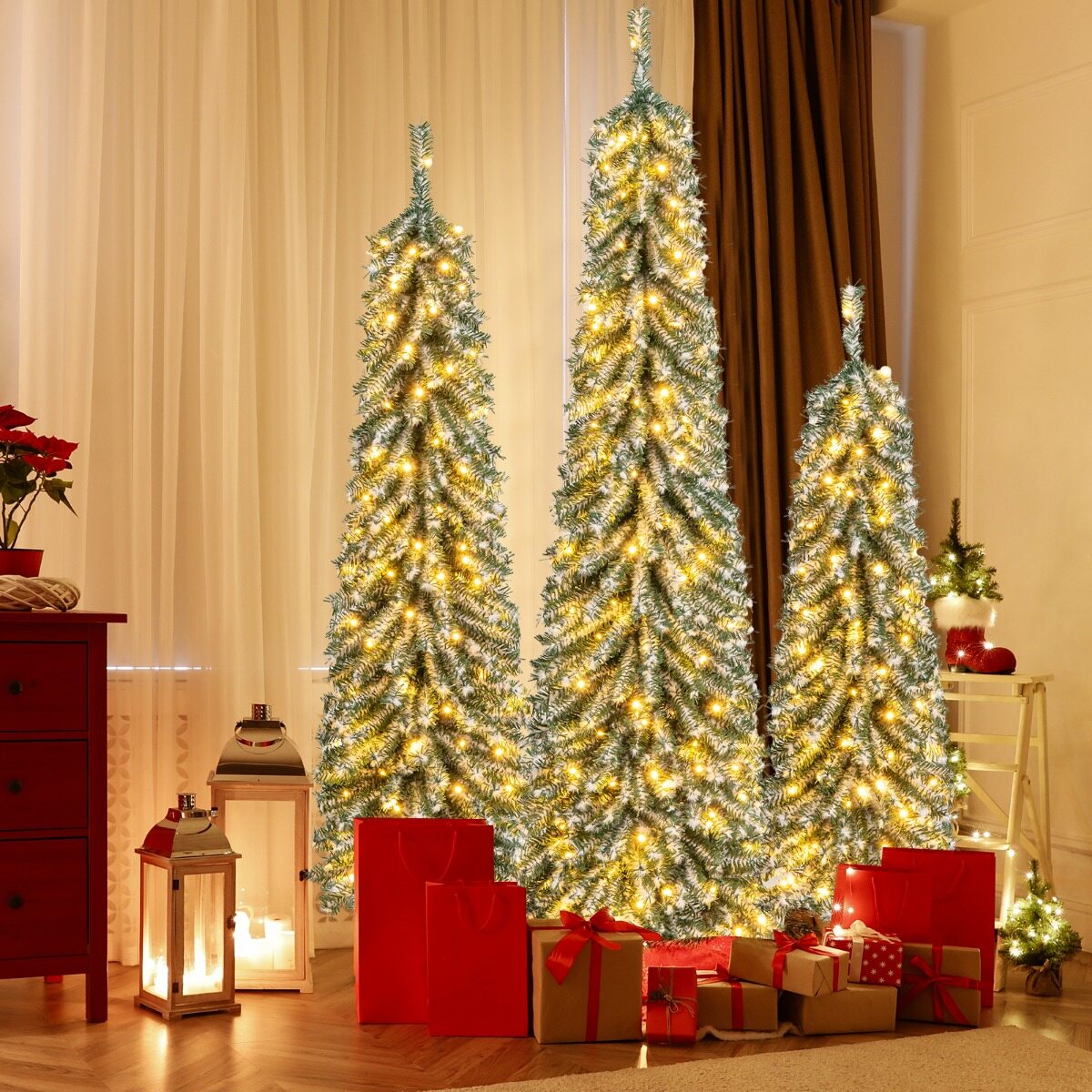 3 kunstkuuse komplekt 120 + 150 + 180 cm pliiatsikujulised jõulupuud 216 + 302 + 505 oksa 100 + 120 + 180 LED-tuld