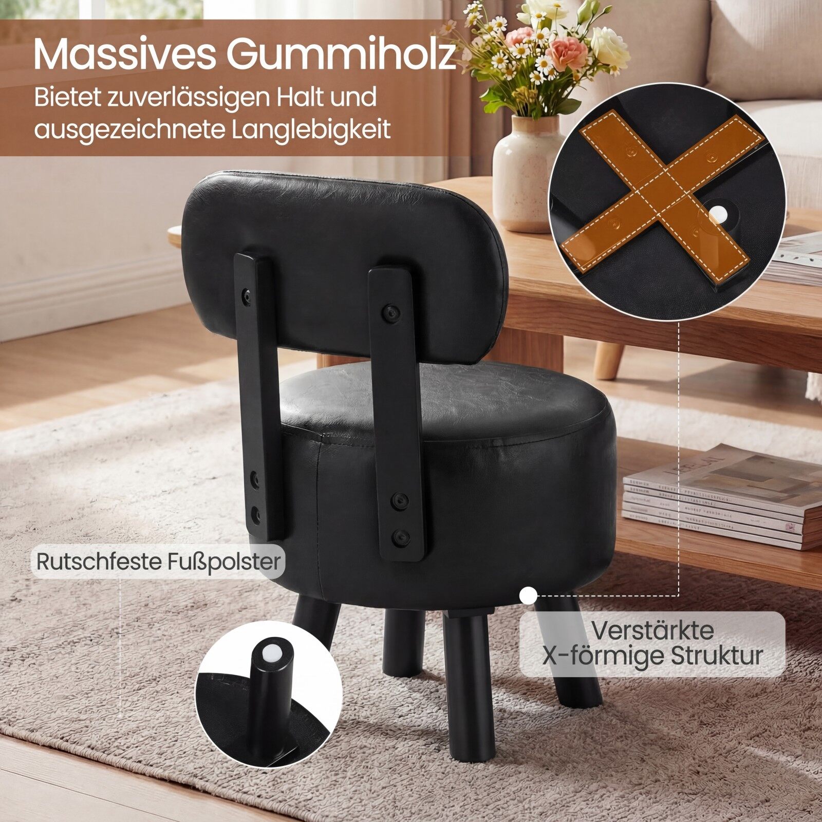 Komplektis 2 seljatoe ja kunstnahast kattega taburetti. Polsterdatud taburet, kandevõime kuni 150 kg. Must.