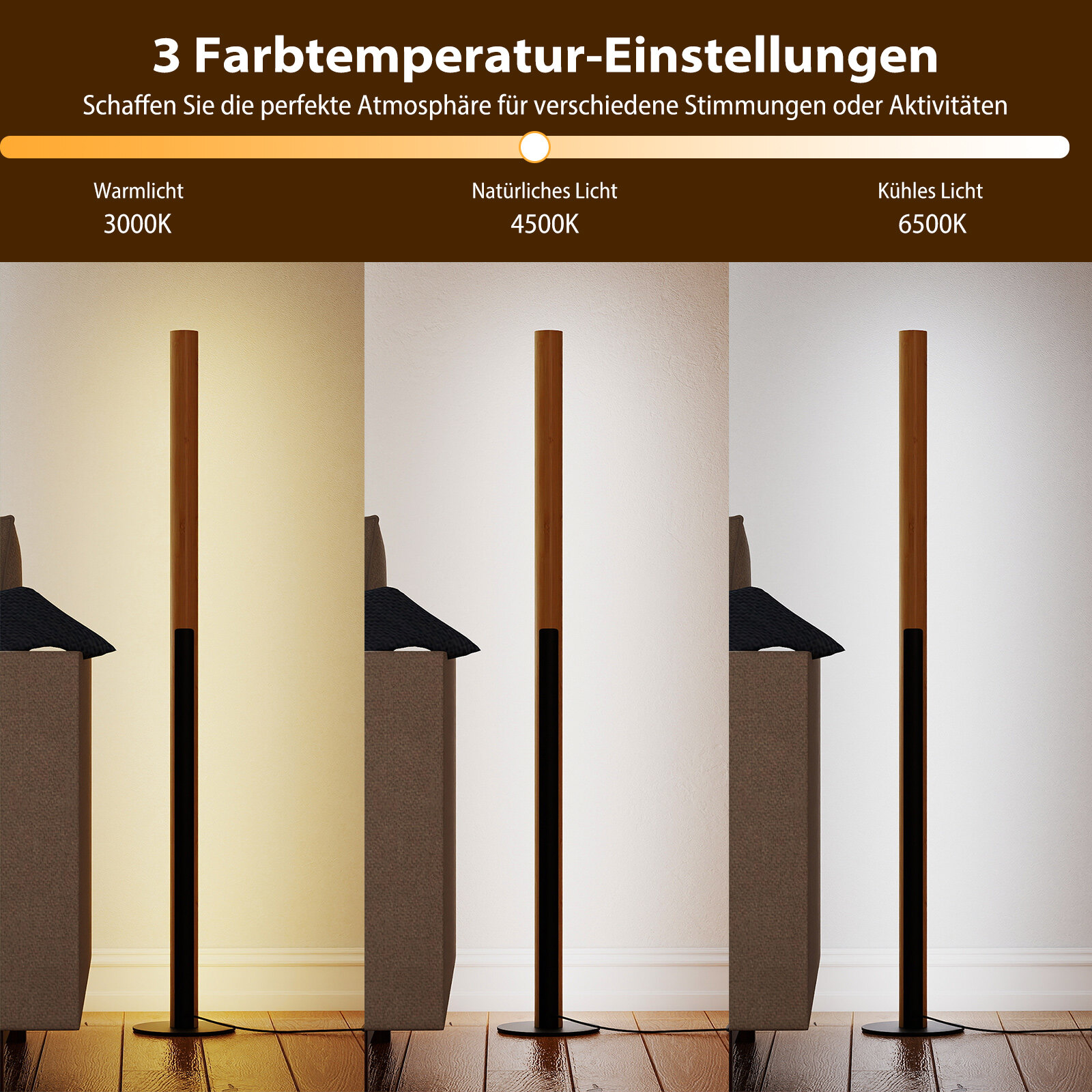 Bambusest põrandalamp, hämardatav LED-nurgalamp jalalülitiga, 3000 K-6000 K, 122 cm, naturaalne