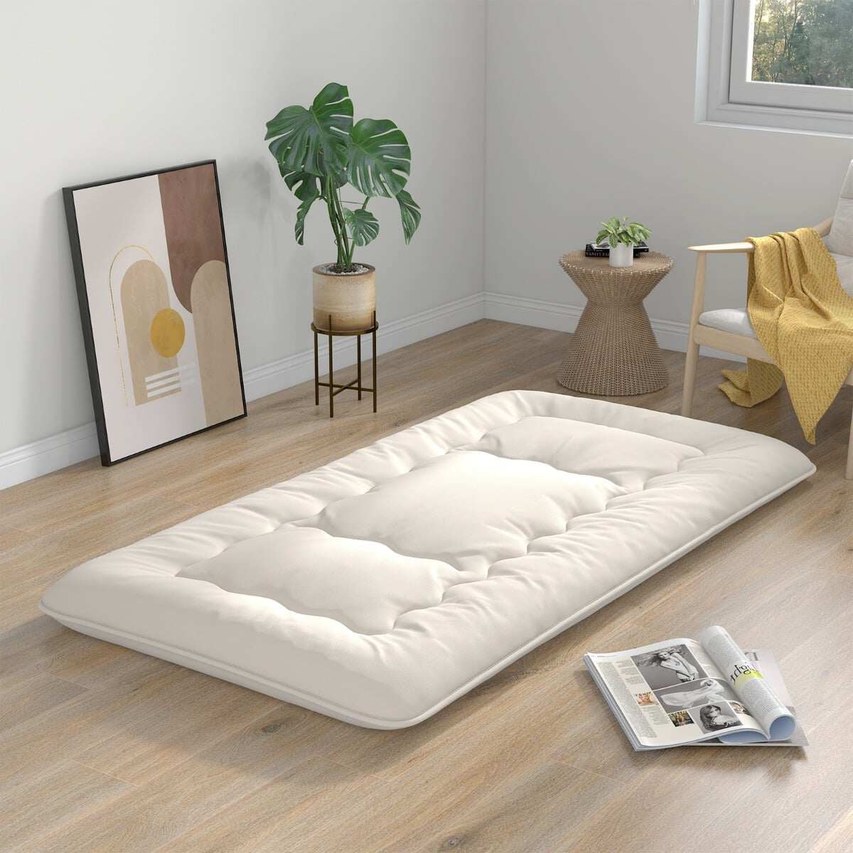 Jaapani futon madrats, tatami matt, kokkupandav madrats pestava kattega, beež, 200 x 90 x 10 cm