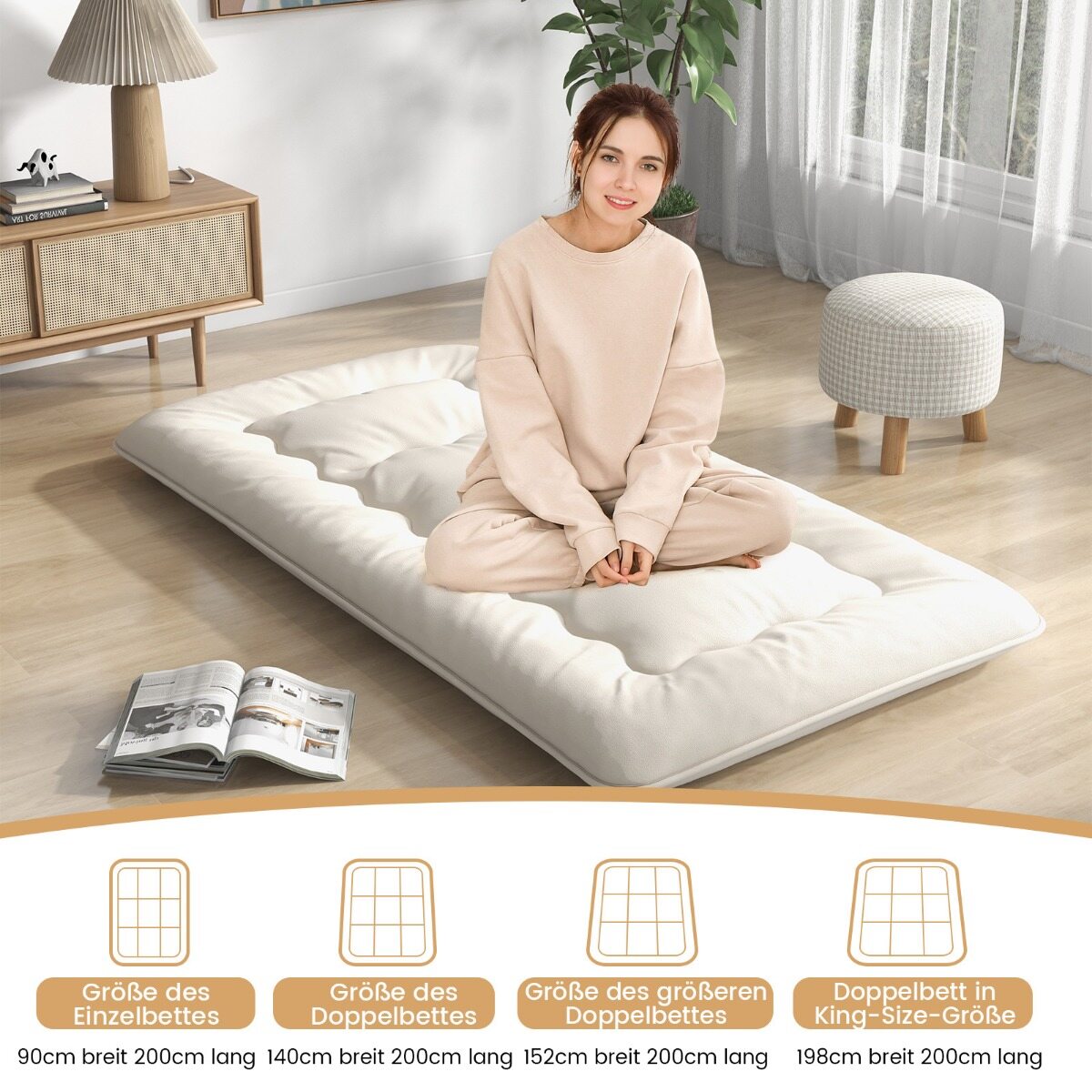 Jaapani futon madrats, tatami matt, kokkupandav madrats pestava kattega, beež, 200 x 90 x 10 cm