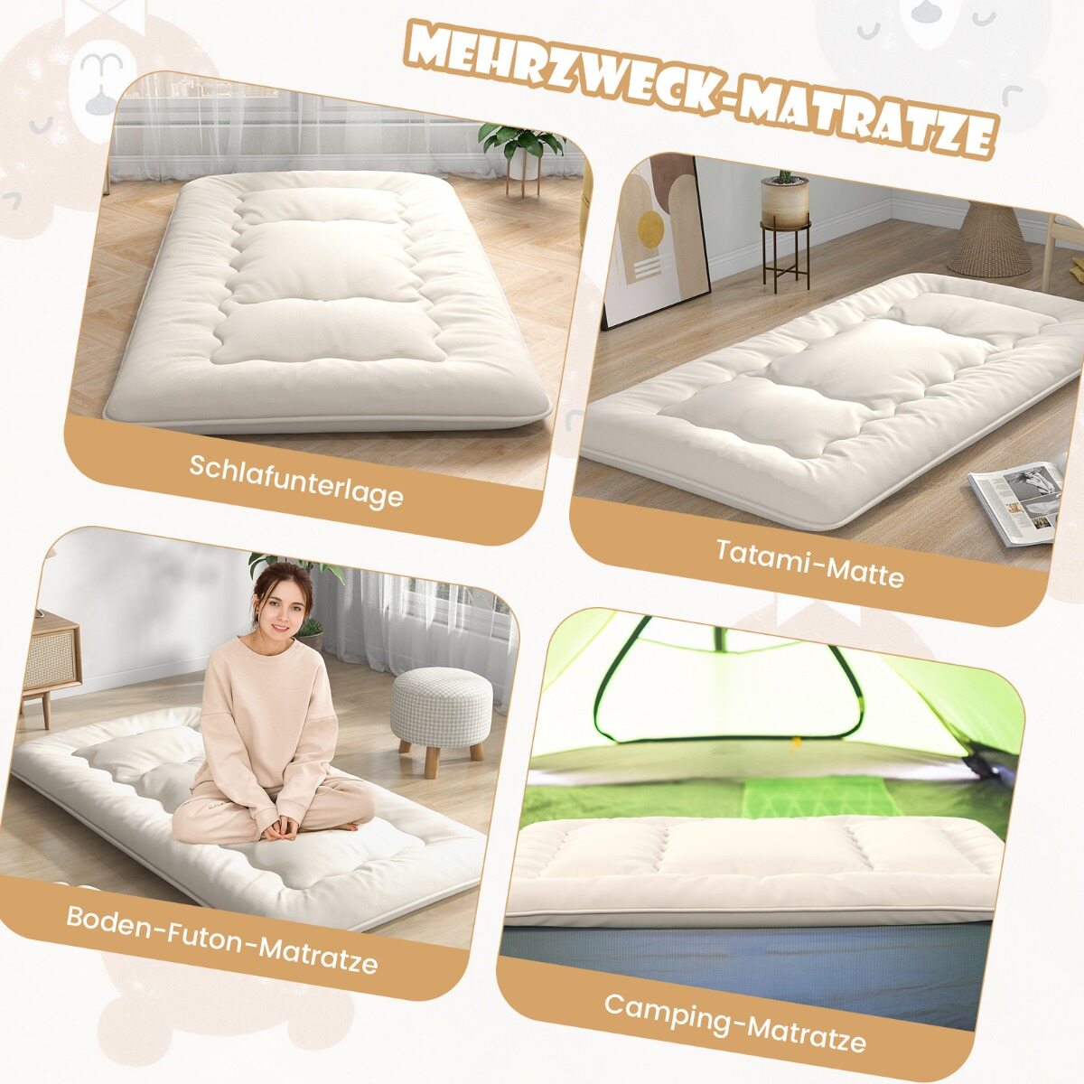 Jaapani futon madrats, tatami matt, kokkupandav madrats pestava kattega, beež, 200 x 90 x 10 cm