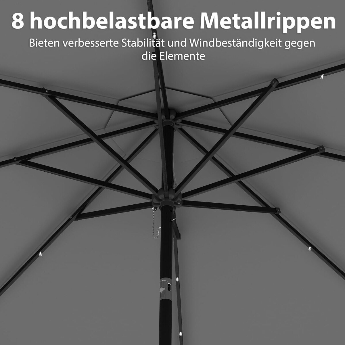 300 cm päikesevari LED-valgustuse, vända ja karniisiga, aia päikesevari, turu päikesevari, hall