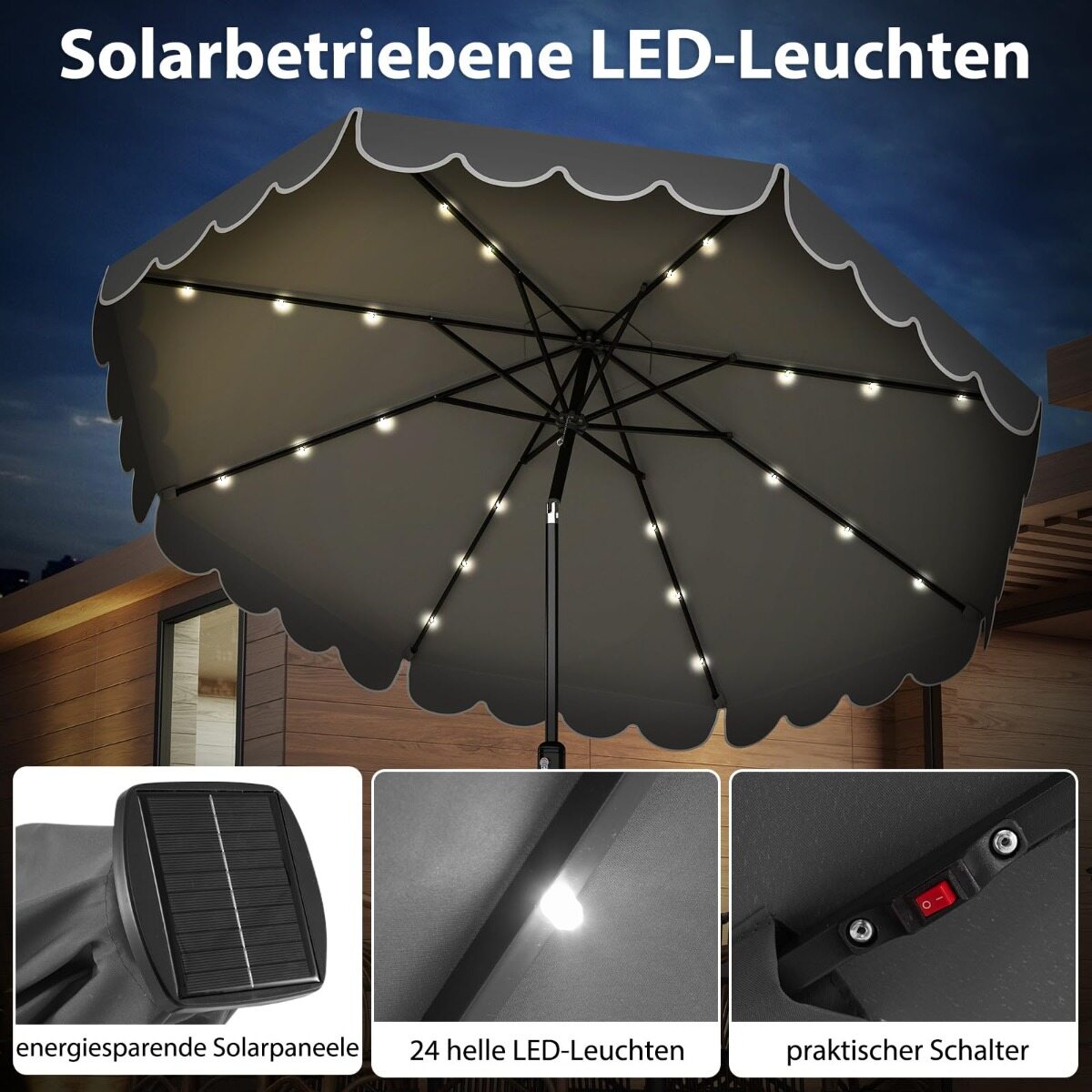 300 cm päikesevari LED-valgustuse, vända ja karniisiga, aia päikesevari, turu päikesevari, hall