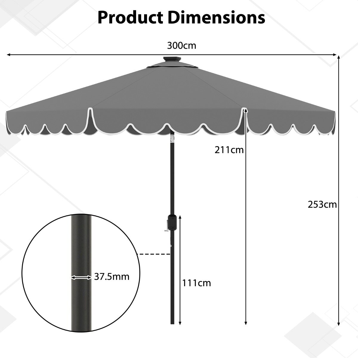 300 cm päikesevari LED-valgustuse, vända ja karniisiga, aia päikesevari, turu päikesevari, hall