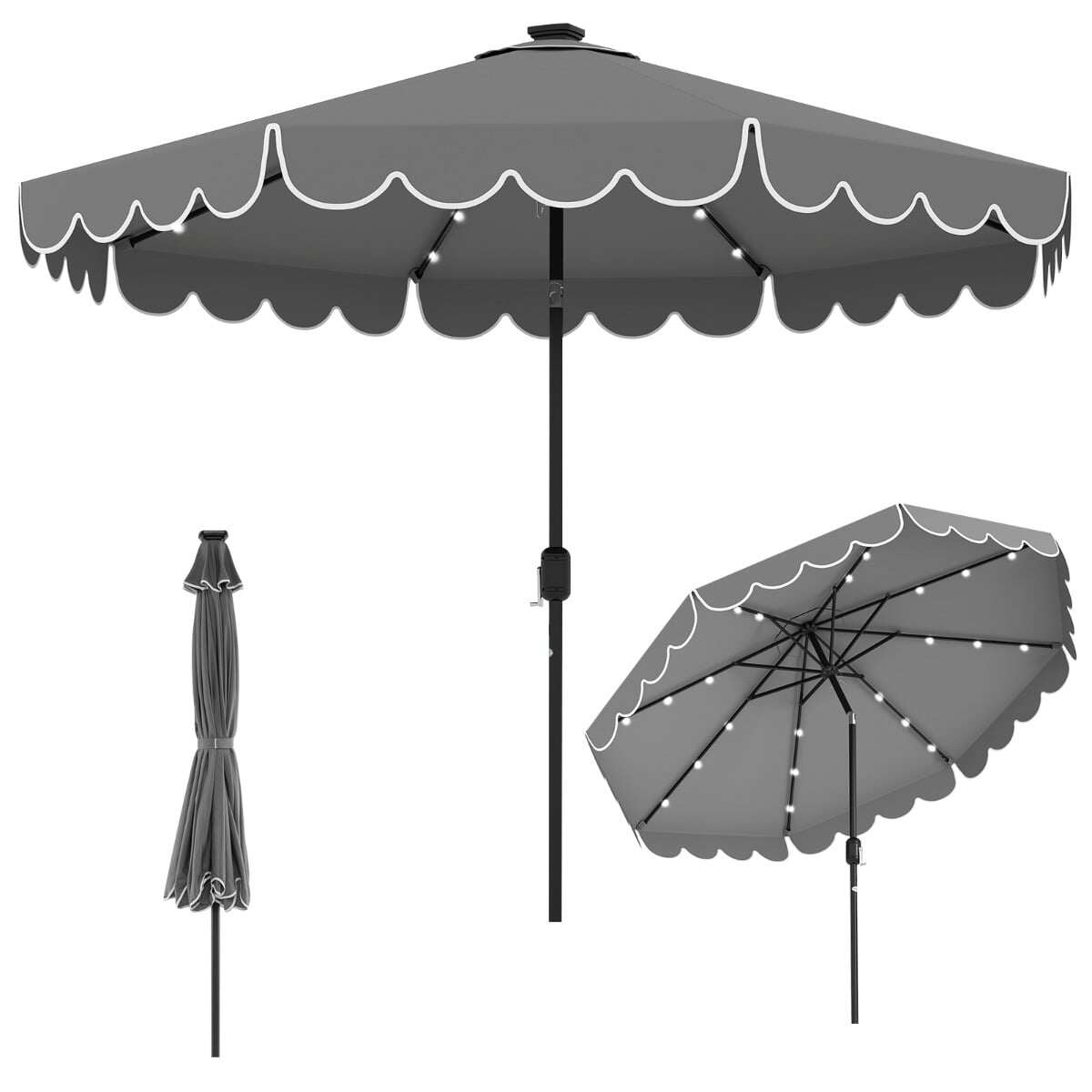 300 cm päikesevari LED-valgustuse, vända ja karniisiga, aia päikesevari, turu päikesevari, hall