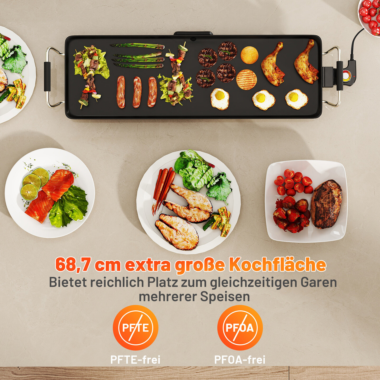 70 cm elektriline grillplaat mittenakkuva pinnaga, reguleeritava temperatuuri termostaadi ja teppanyaki grilli tilkumisalusega