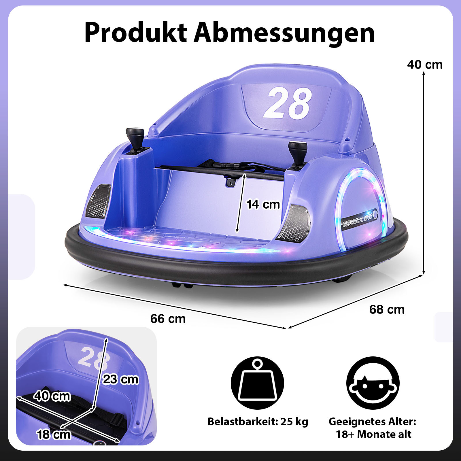 Pealeistutav põrkeauto väikelastele 12 V elektriline 360° pöörlev mänguauto puldiga lilla