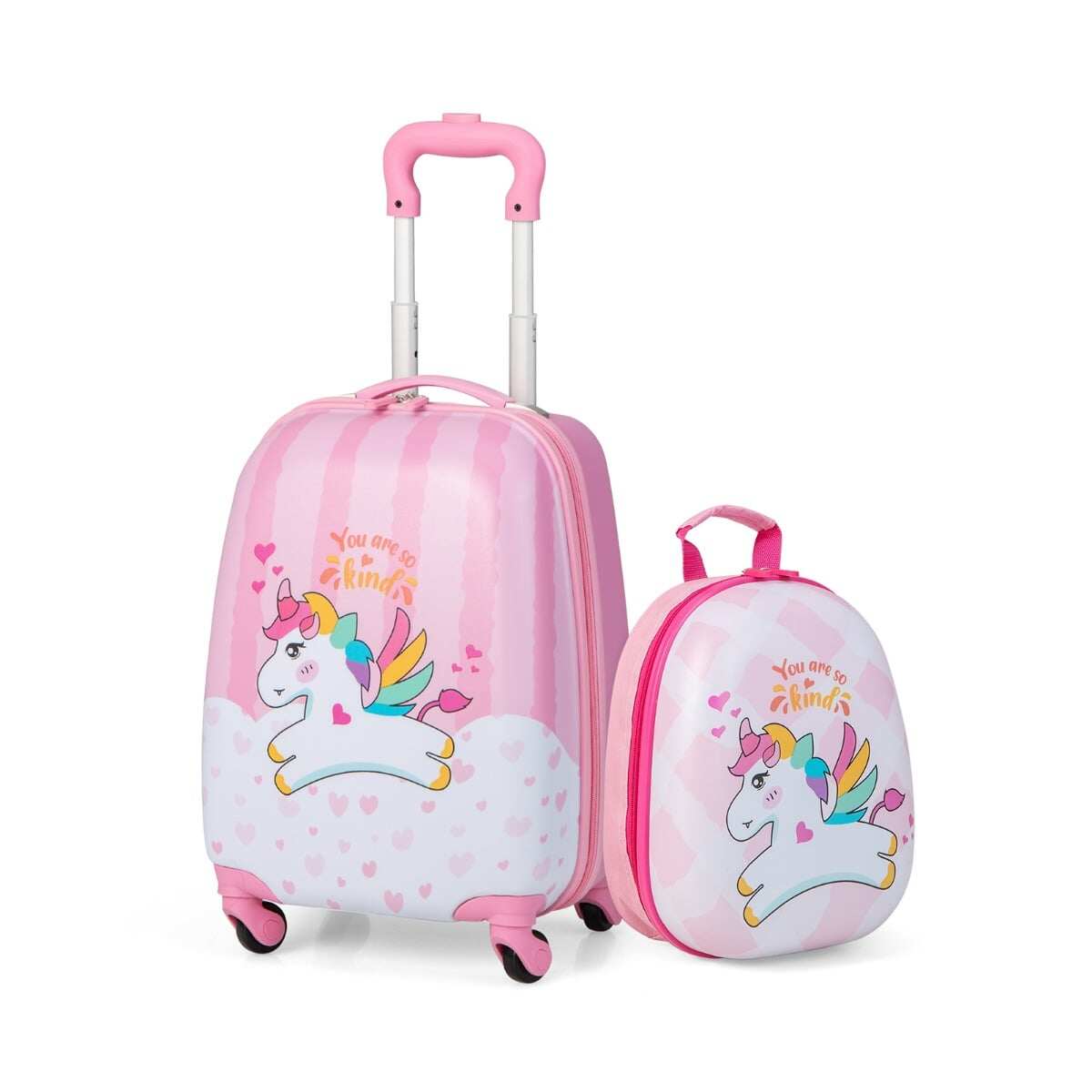 Kohvrite komplekt 2 osa ükssarviku 16'' laste kohver + 12'' seljakott roosa