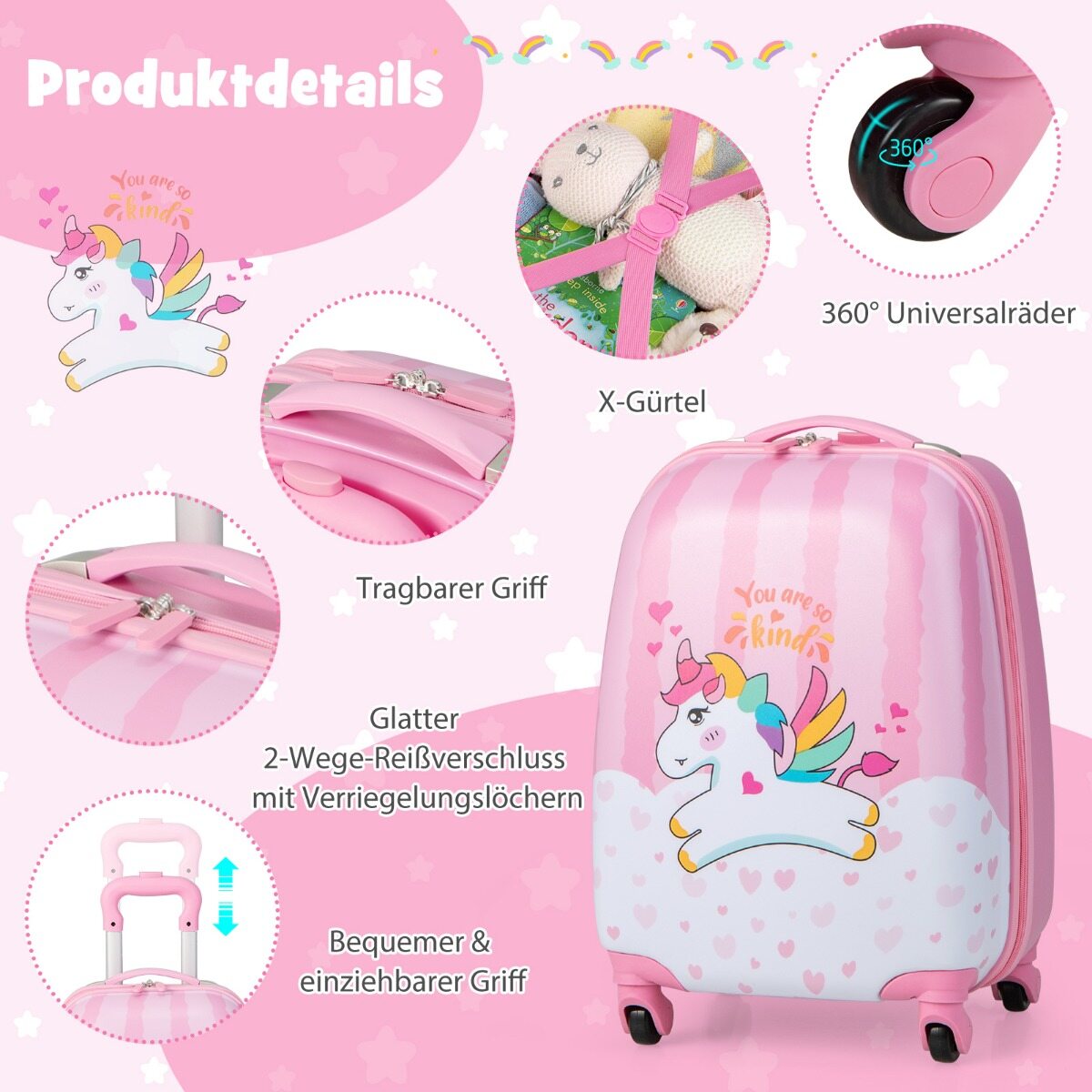 Kohvrite komplekt 2 osa ükssarviku 16'' laste kohver + 12'' seljakott roosa