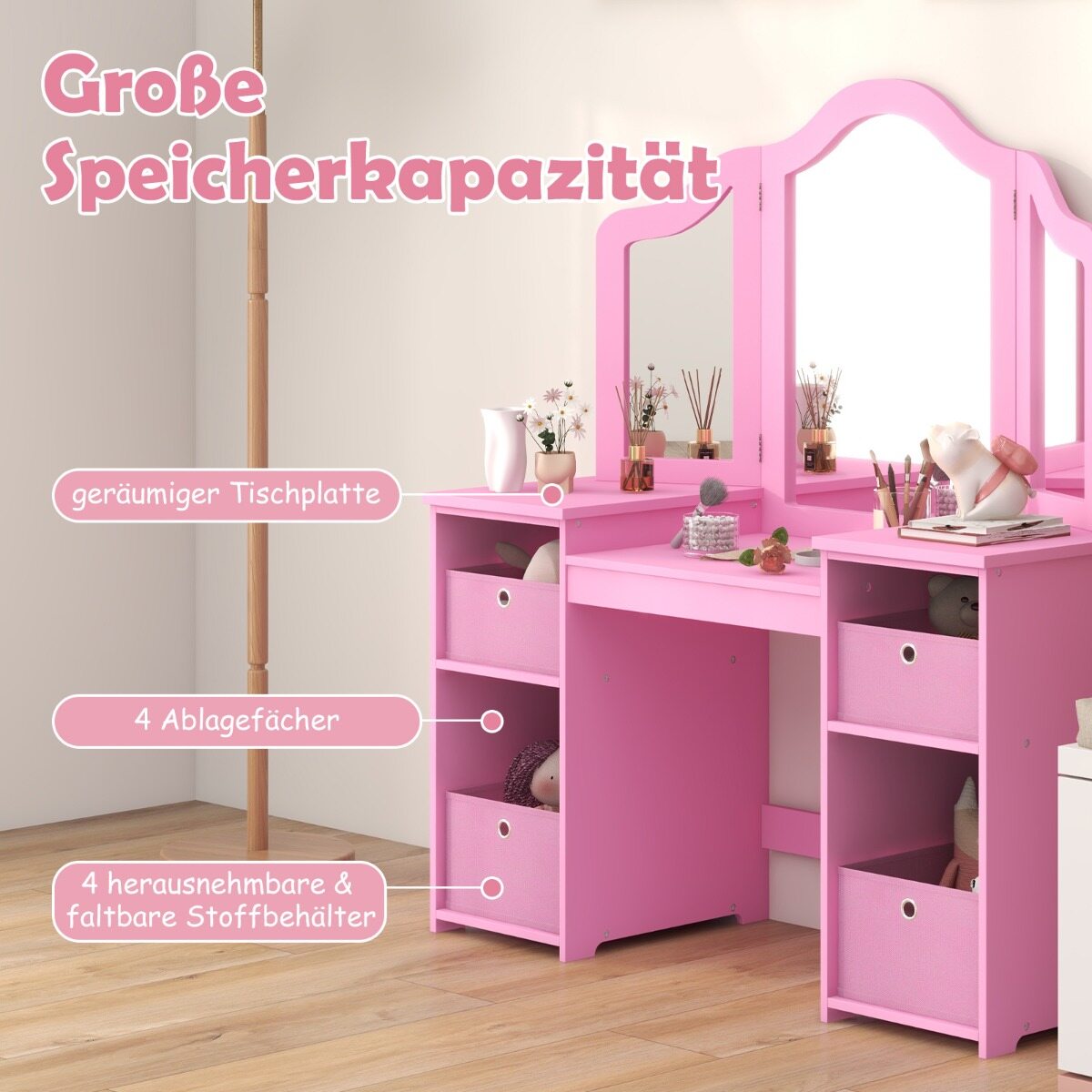 2-ühes printsessi meigilaud eemaldatavate peeglitega - roosa