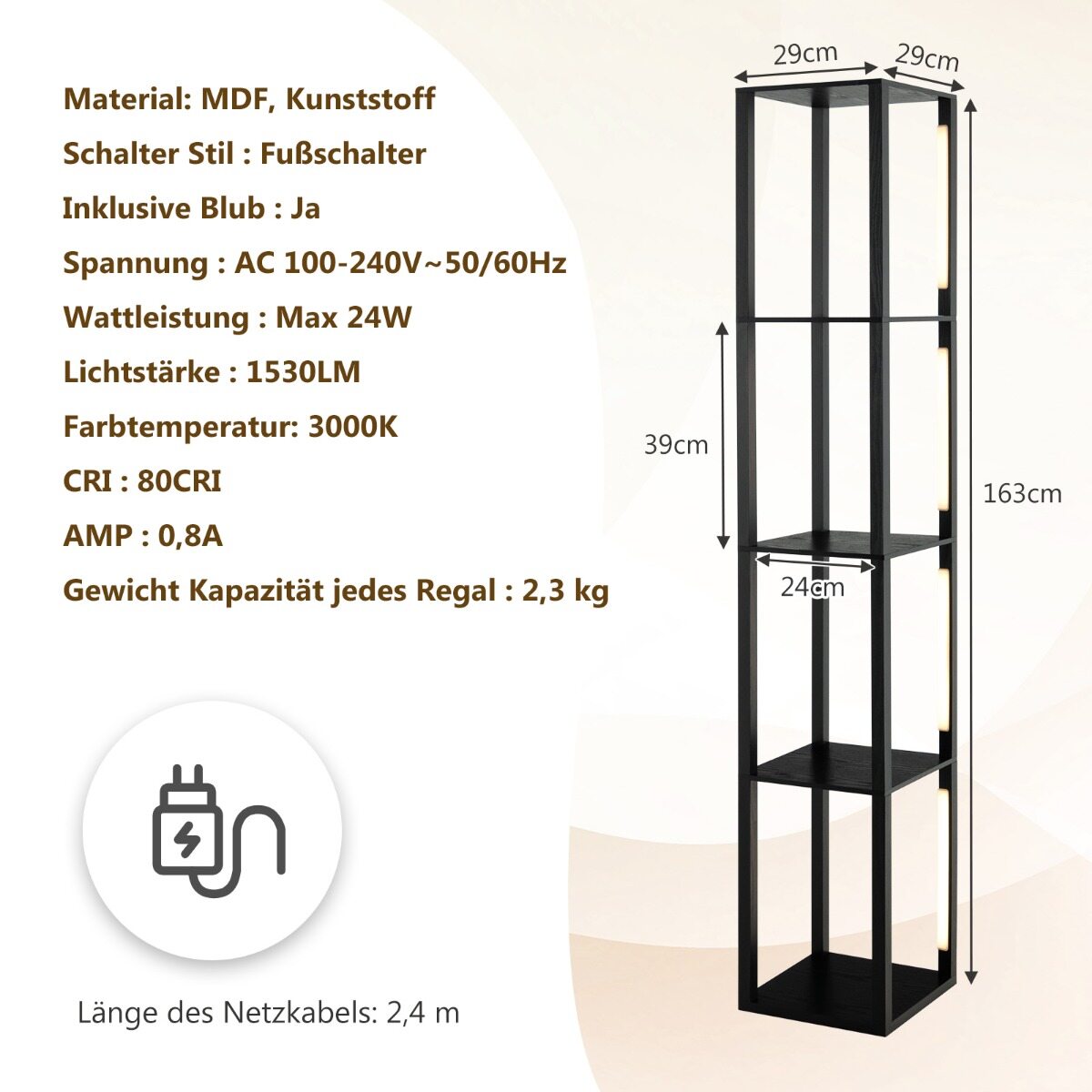 Põrandalamp moodne valgustatud hoiuriiuliga 29 x 29 x 163 cm must