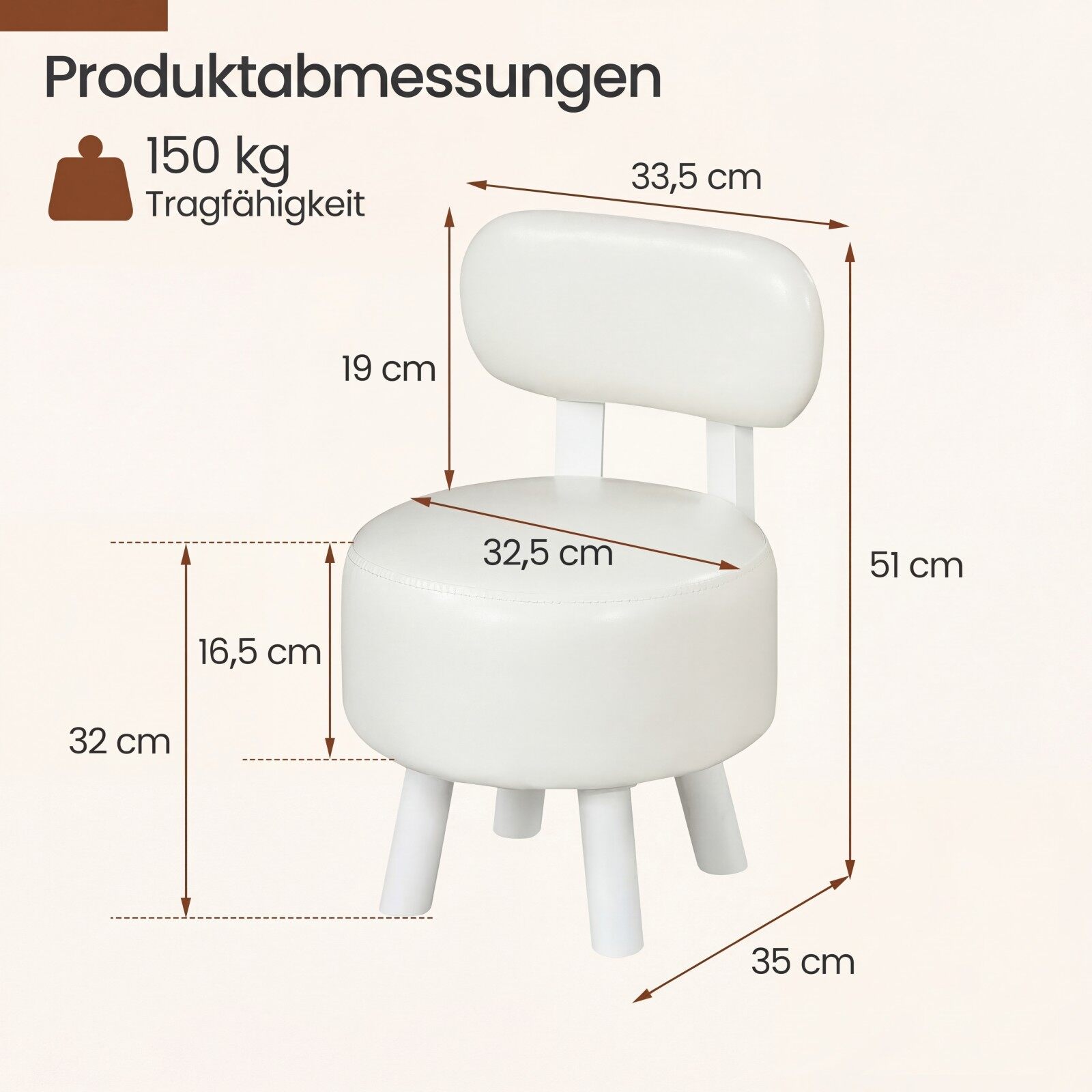 Komplektis 2 seljatoe ja kunstnahast kattega taburetti. Polsterdatud taburet, kandevõime kuni 150 kg. Valge.