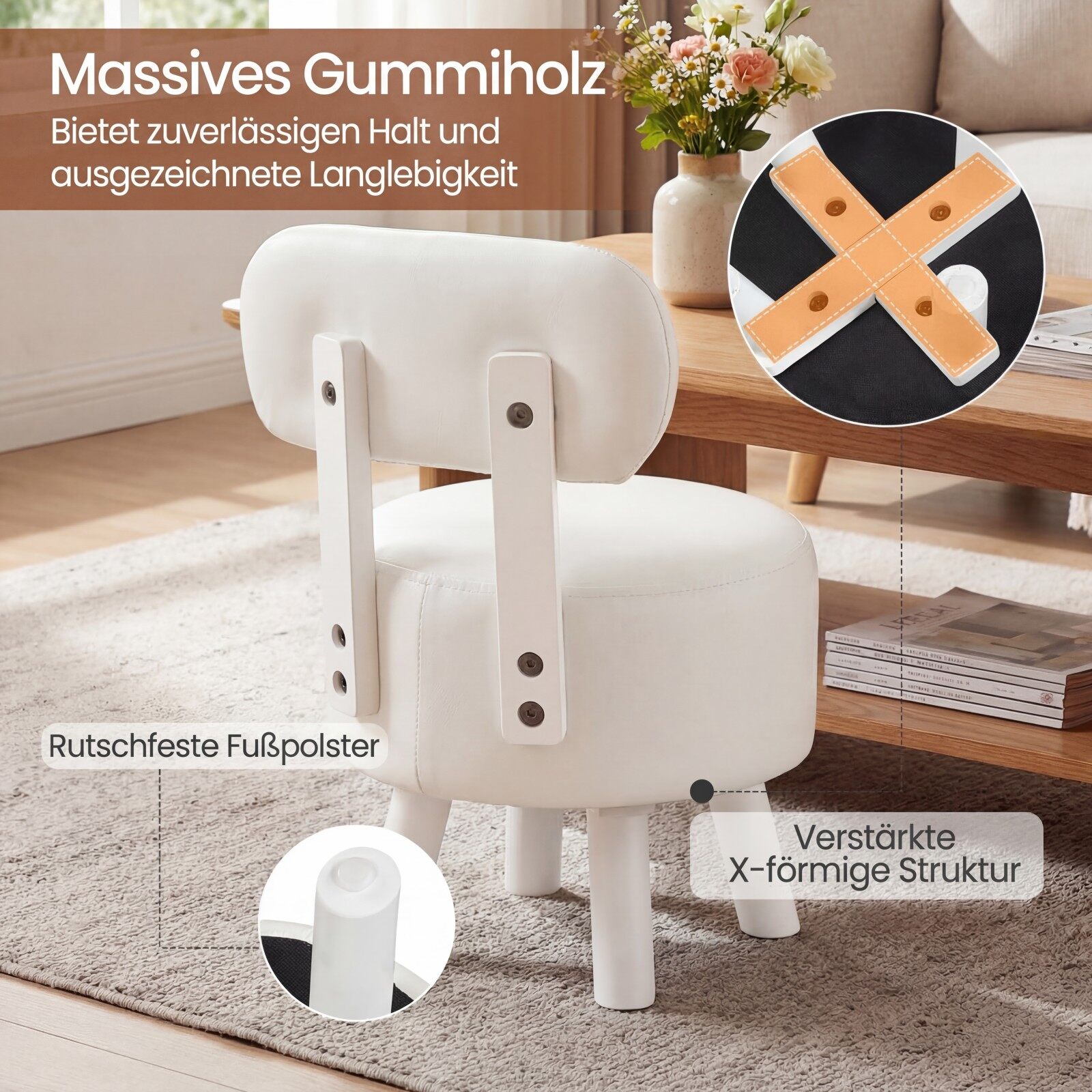 Komplektis 2 seljatoe ja kunstnahast kattega taburetti. Polsterdatud taburet, kandevõime kuni 150 kg. Valge.