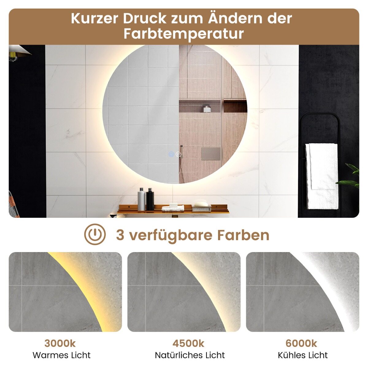 60 cm LED-vannitoa peegel 3 värvilise valguse ja reguleeritava heledusega, ise sulatamise funktsioonidega, meigipeegel