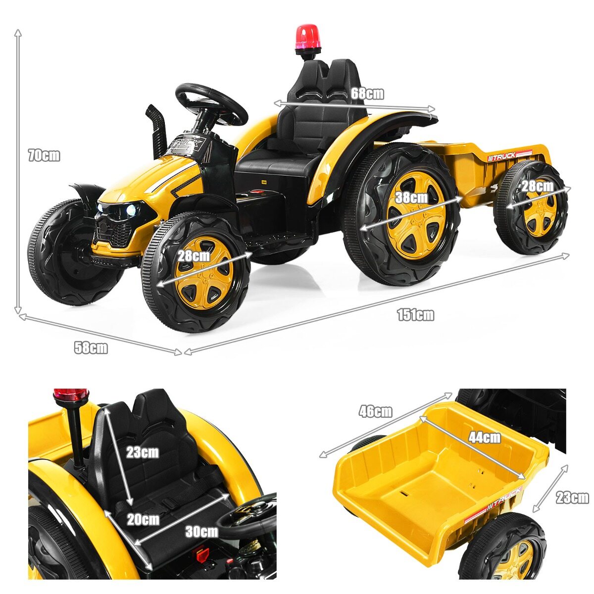 2 V traktor 2,4 G kaugjuhtimispuldi ja eemaldatava haagisega lastele 3-8 aastat, kollane