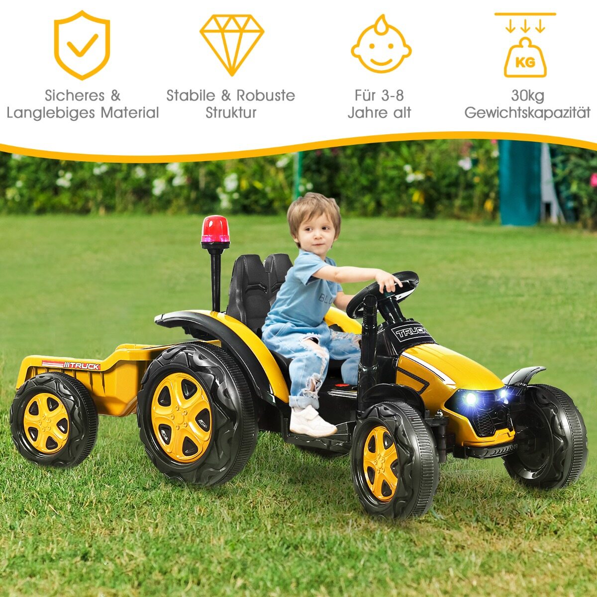 2 V traktor 2,4 G kaugjuhtimispuldi ja eemaldatava haagisega lastele 3-8 aastat, kollane