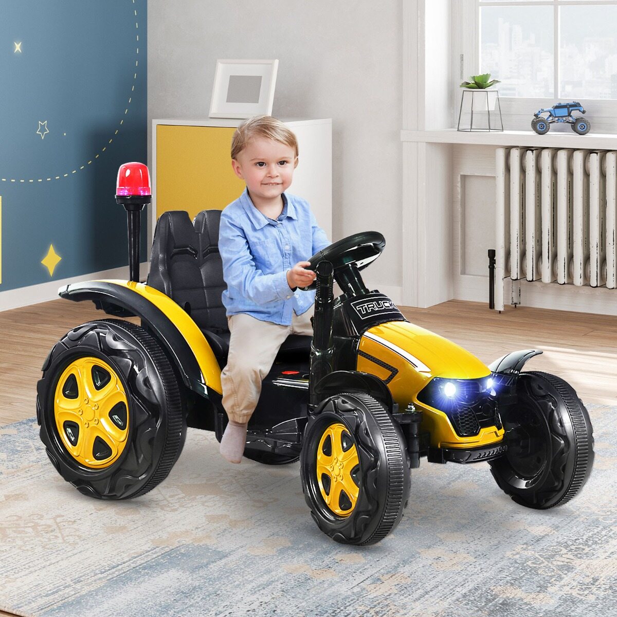 2 V traktor 2,4 G kaugjuhtimispuldi ja eemaldatava haagisega lastele 3-8 aastat, kollane