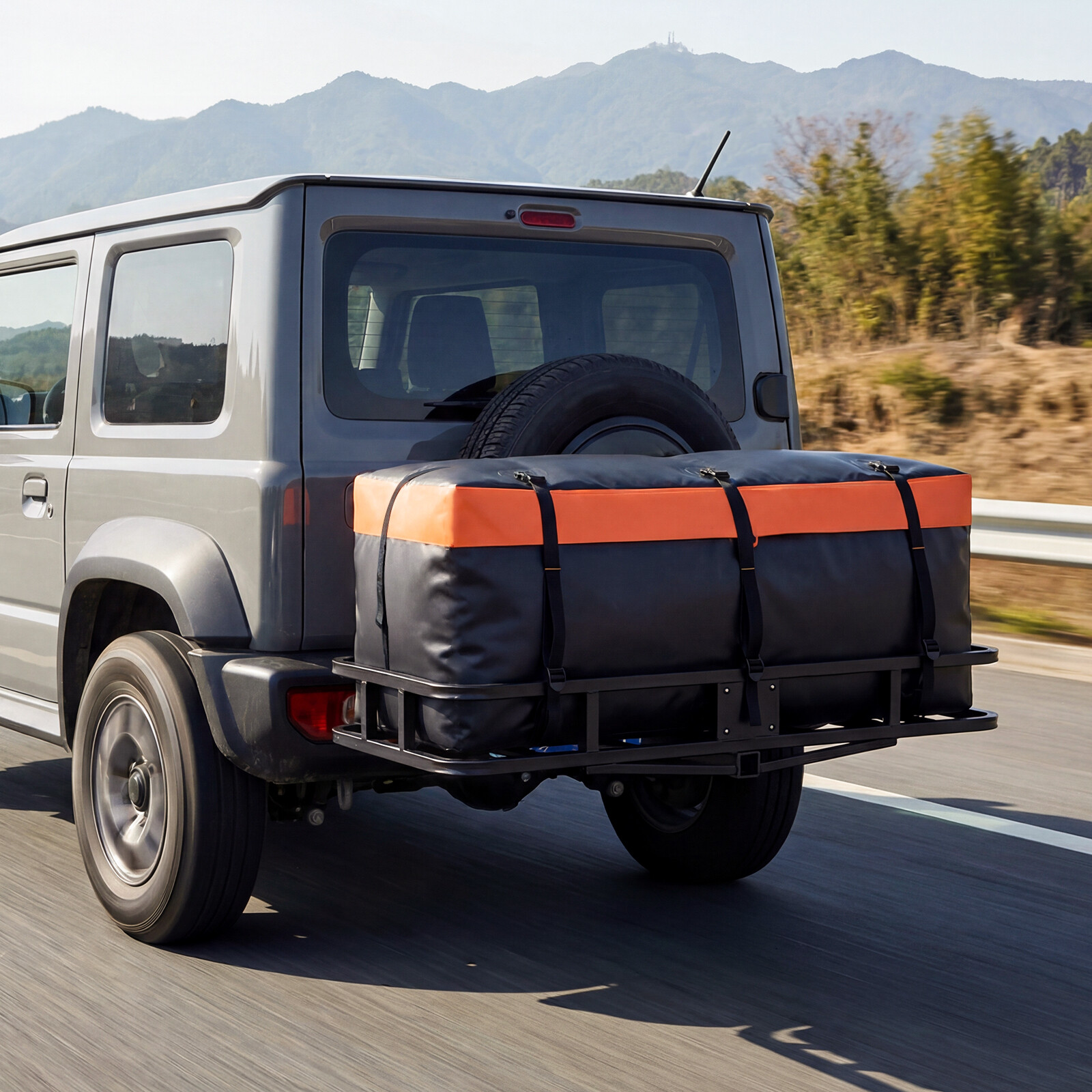 Tagumine pagasikast haakekonksule, 255 l, PVC, veekindel, kokkupandav, tugevdatud rihmad, auto pagasikott, oranž+must
